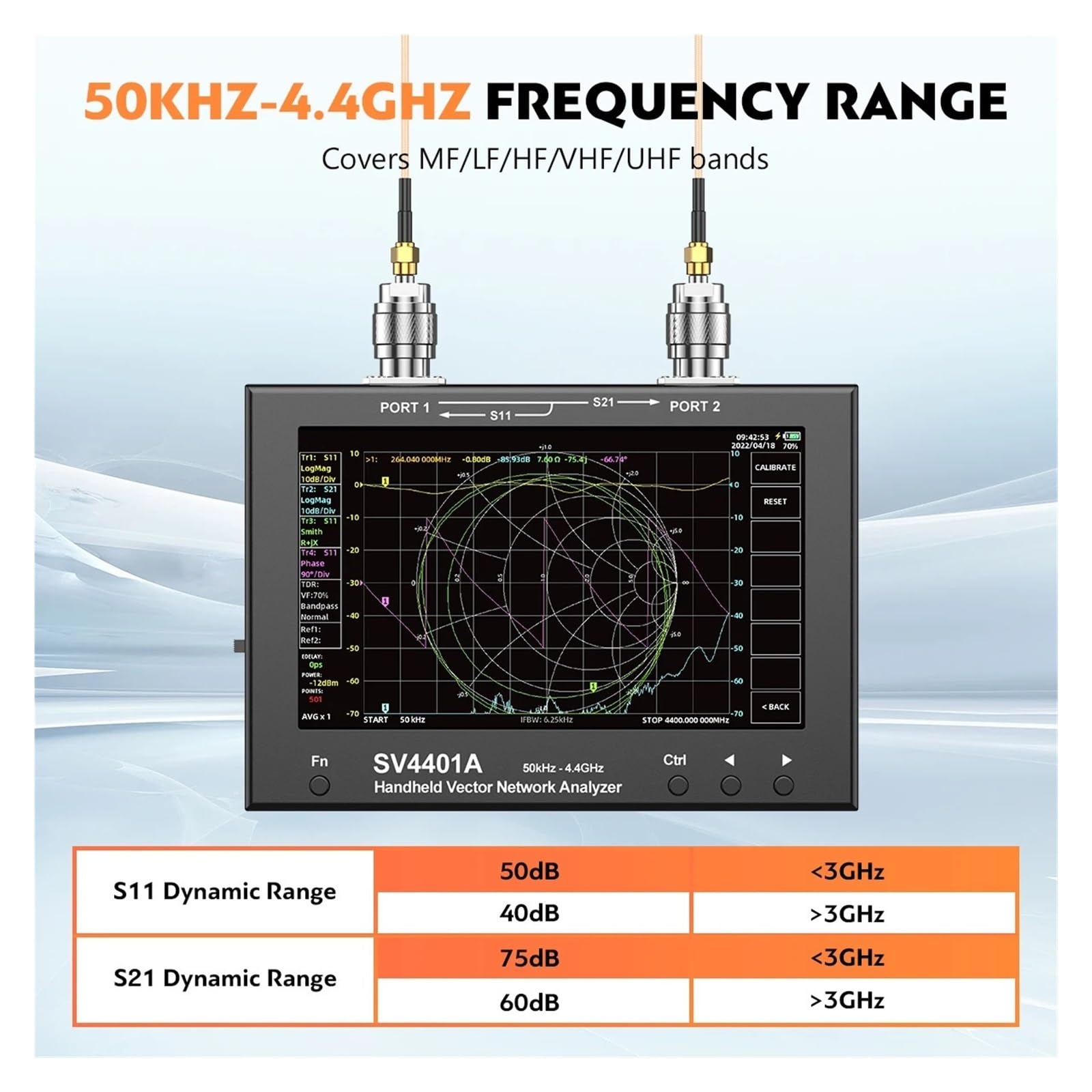 Analyseur de réseau vectoriel SV4401A 7 "écran tactile LCD 50 KHz-4.4 GHz NanoVNA VNA analyseur d'antenne réseau vectoriel UHF HF VHF SWR 100db testeur VNA dynamique pour la mesure des performances de