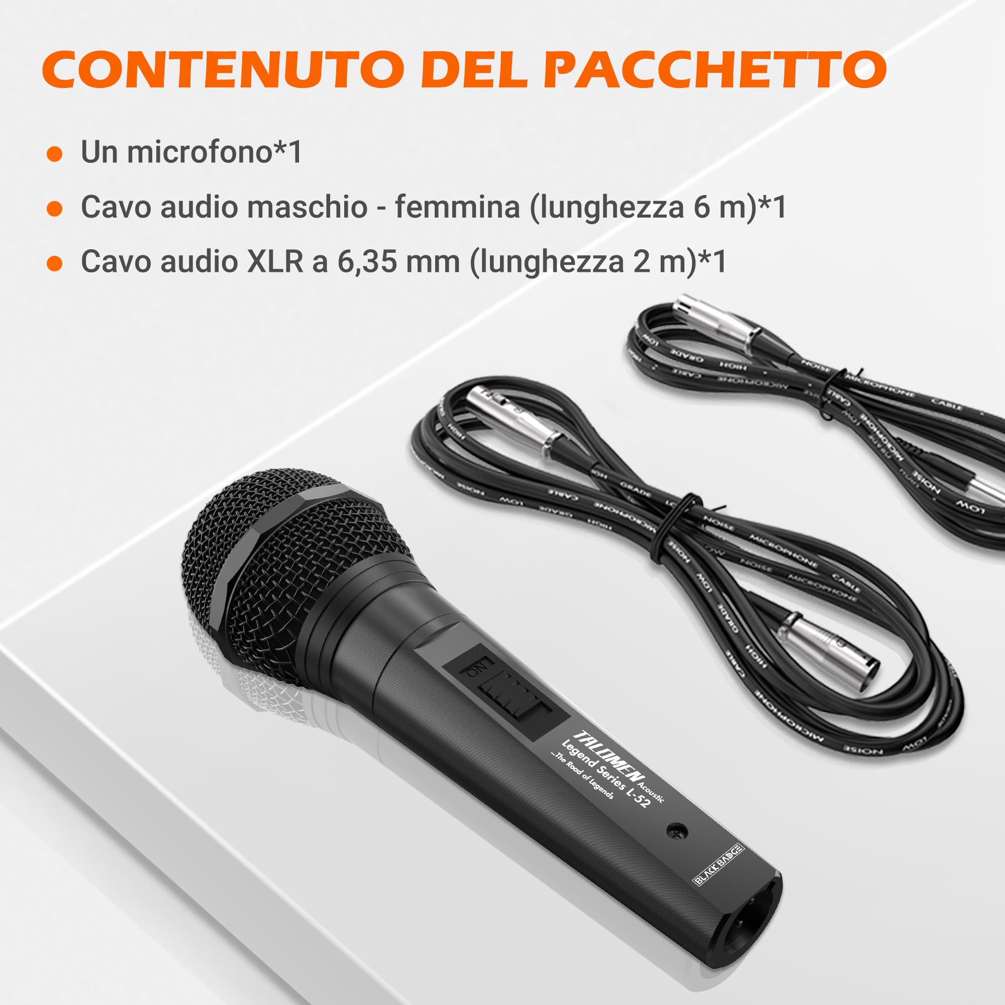 talomen Microfono Dinamico Cardioide con Cavo – Microfono a Mano per Canto, DJ, Karaoke, PA, Amplificatore, Esterni, con Cavi XLR da 6 m e 2 m, per Studio o Voce Live – L52 nero