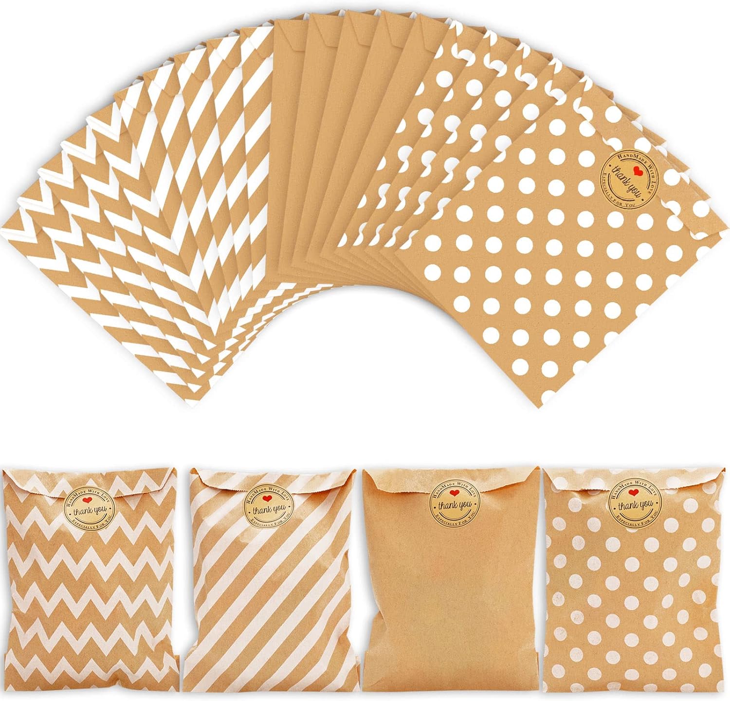 Whaline 120 Pack Kraft Paper Treat Bags with Stickers Wave