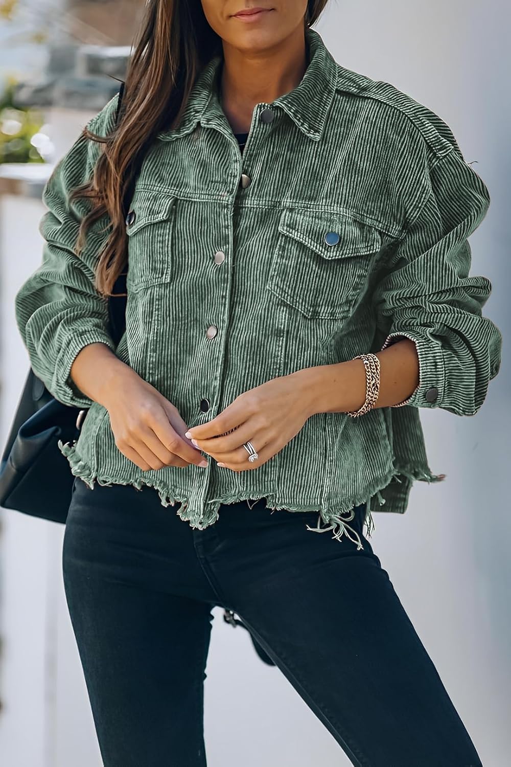 Womens Cropped Corduroy Jacket Casual Button Down Shacket Coat Fringe with Frayed Hem - Image 2