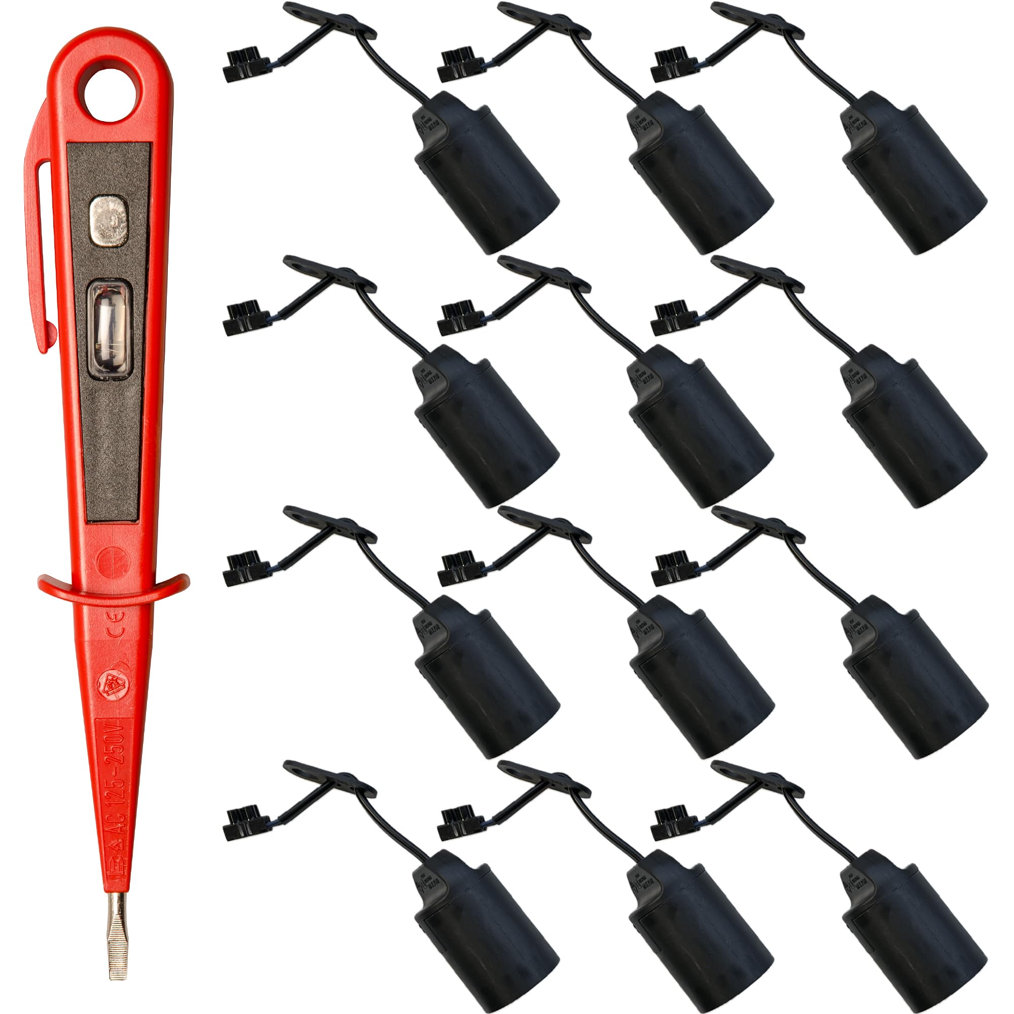 H + H Werkzeug Lampenfassungs-SET E27 + 1 x Spannungsprüfer/Phasenprüfer 45300 VDE (Baufassung Lampenfassung Renovierfassung Baustellenfassung), 12 Stück