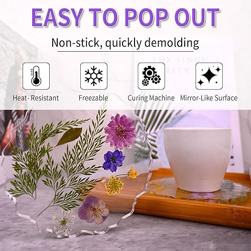 Miniatura 6 de Moldes de posavasos de resina, 4 moldes de silicona para posavasos de ágata para hacer posavasos de resina, tapete para tazas (flor)