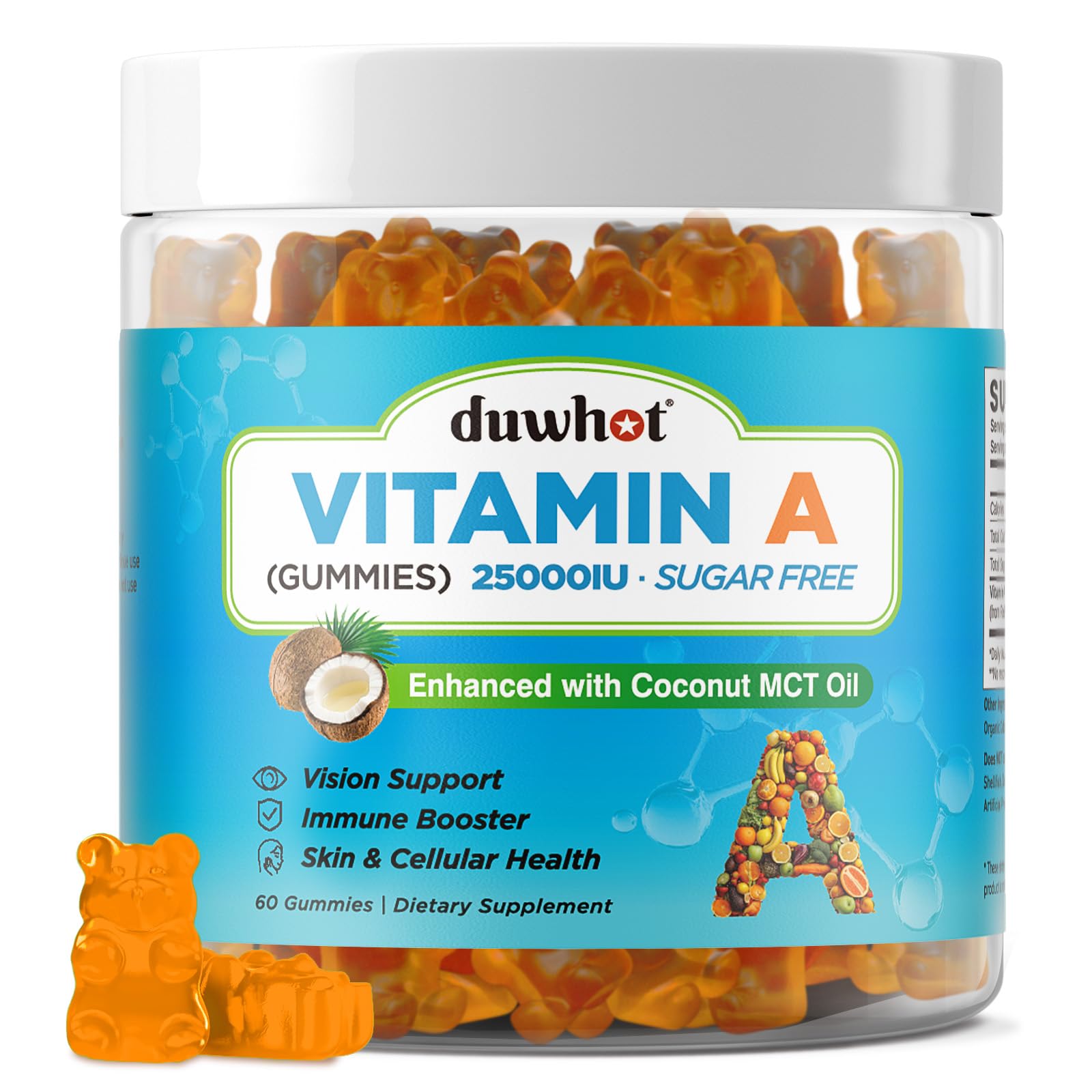 Vitamin A Gummies, 25000IU Vitamin A Supplement from Retinyl Palmitate & Fish Liver Oil, with Coconut Oil for High Absorption, Vision, Skin & Immune Health, Sugar-Free, Non-GMO, 60 Servings
