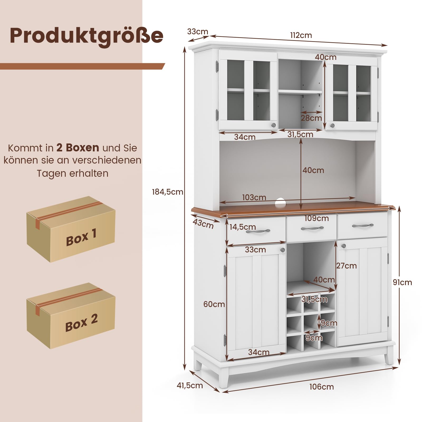 COSTWAY Küchenschrank, Küchenbuffet mit 3 Schubladen, Schränke, Weinregal, offenen Regalen und Arbeitsplatte, Buffetschrank Hochschrank mit verstellbaren Regalen, 112 x 43 x 184,5 cm, Weiß