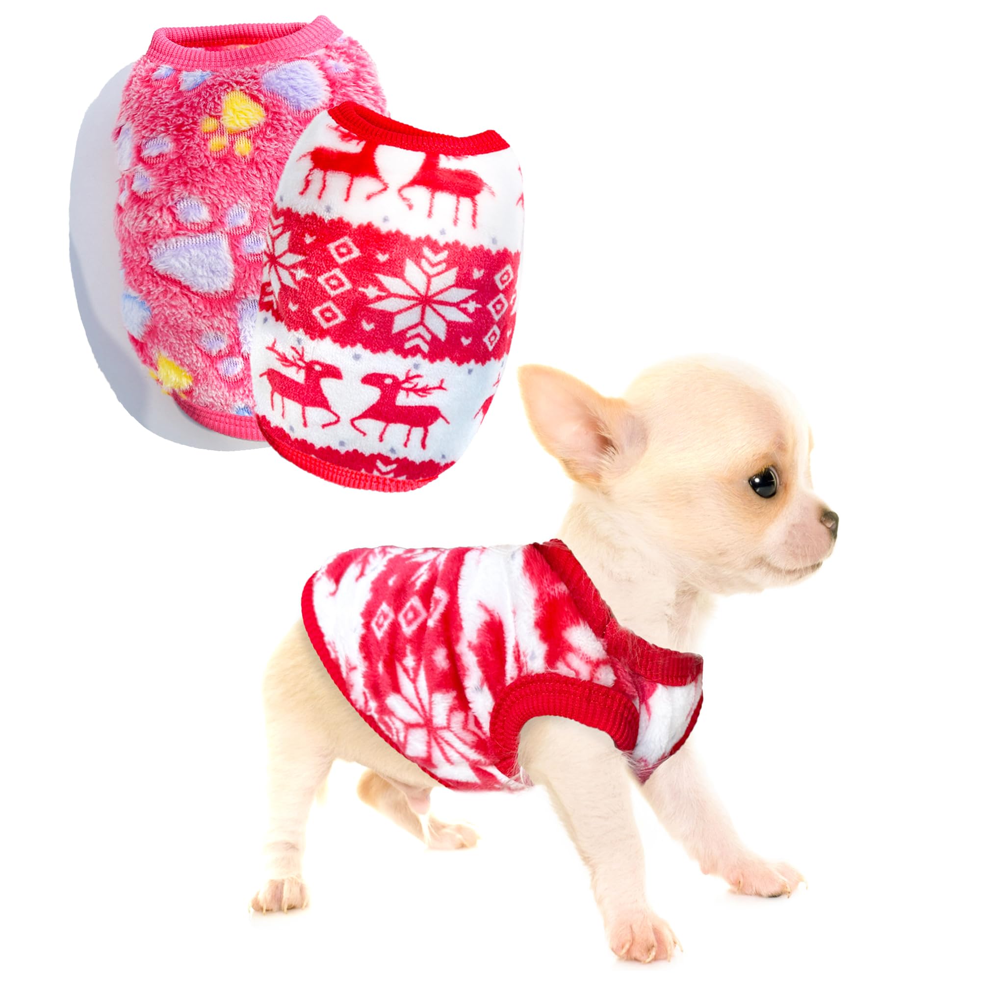 2 Pieces Dog Christmas Outfit Puppy Sweater Teacup Dog Clothes Chihuahua Clothes Reindeer Snowflake Xmas Pet Warm Winter Clothes for Extra Small Breeds Kitty Puppy Cat (X-Small)