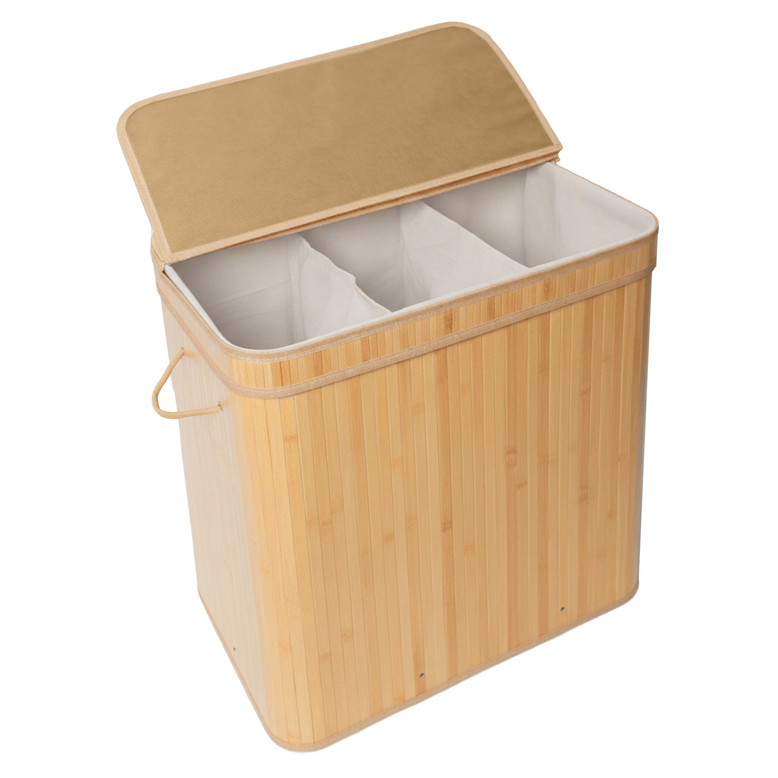 Cesto para Ropa Sucia Relaxdays con Tapa, bambú, 150 l, 3 Compartimentos, 61,5 x 61 x 41,5 cm, para baño, Color Natural