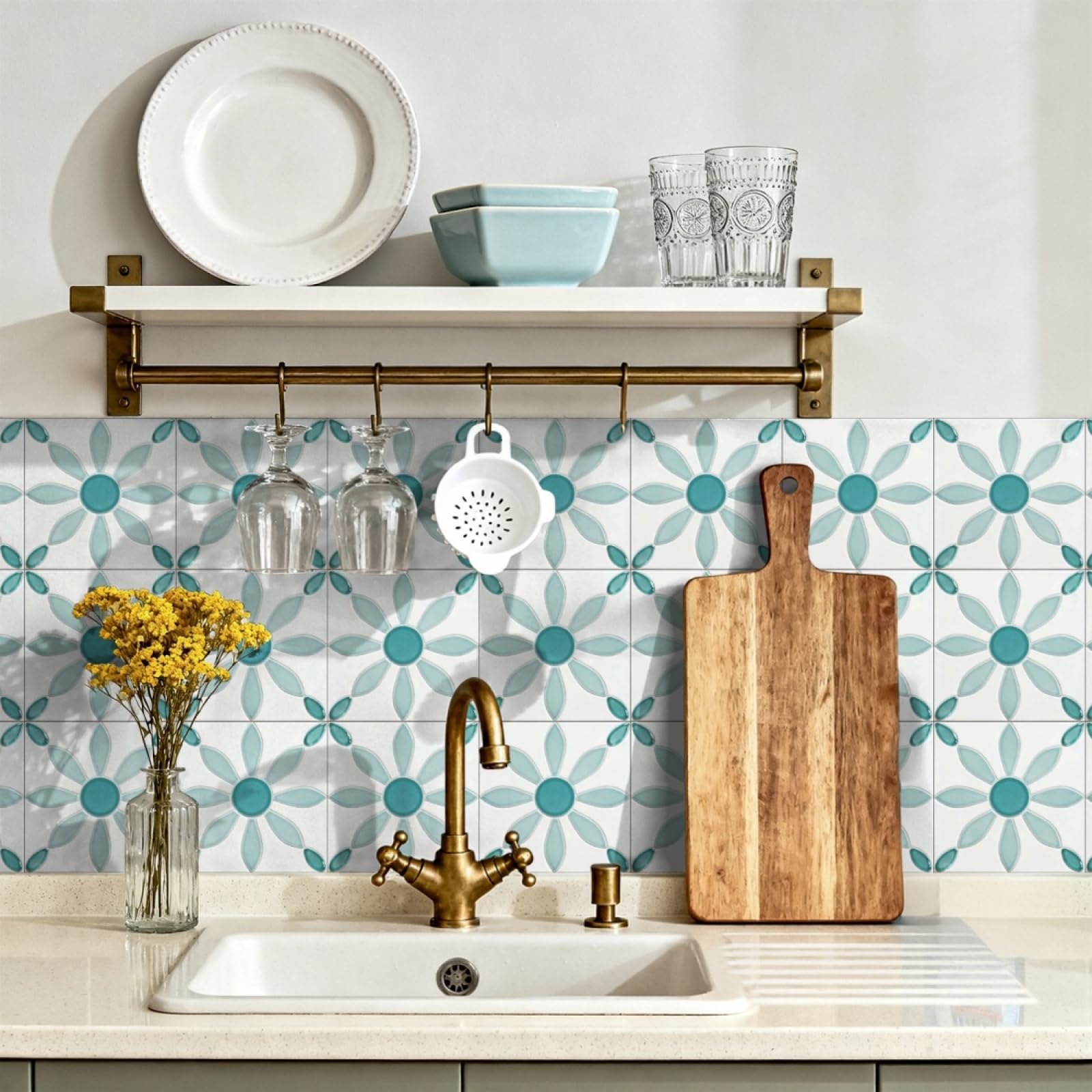 Tile Stickers White Flower Stick on Kitchen Tiles Self Adhesive Wall Tiles PVC Peel and Stick Tile Covers Transfers Oil-Proof Kitchen Splashbacks for Walls Removable 10x10cm/48 Pcs