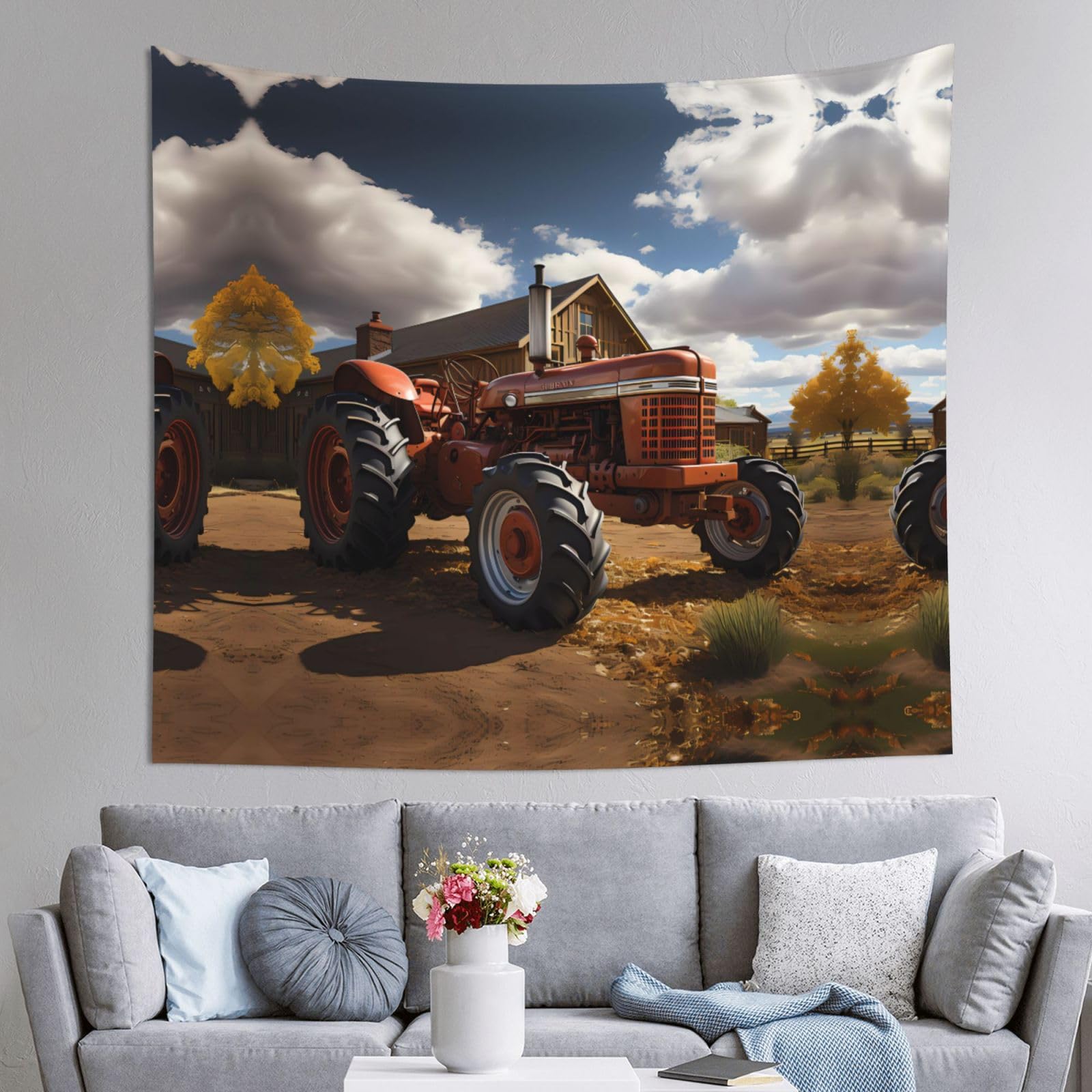 HLSBSSL 60x51in Red Tractor Printed Tapestry Tablecloth for Dormitory and Picnic Rooms - Multifunctional Fabric Hanging
