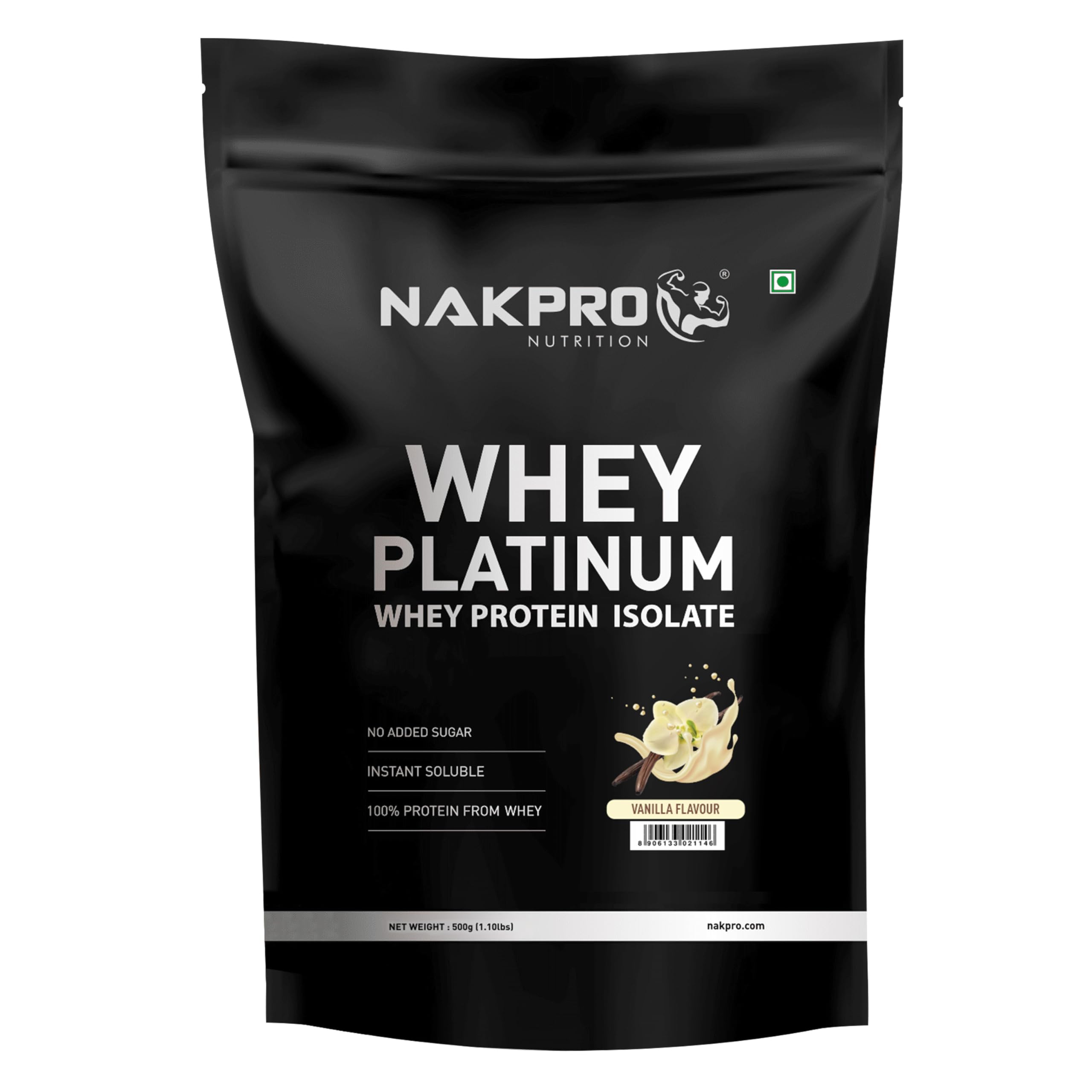 NAKPRO Platinum Whey Protein Isolate 500g Vanilla | 28g Protein, 6.4g BCAA | Trustified Certified 100% Authentic Supplement Powder & No Adulteration | Low Carbs, Fast Absorbing Whey Protein Powder