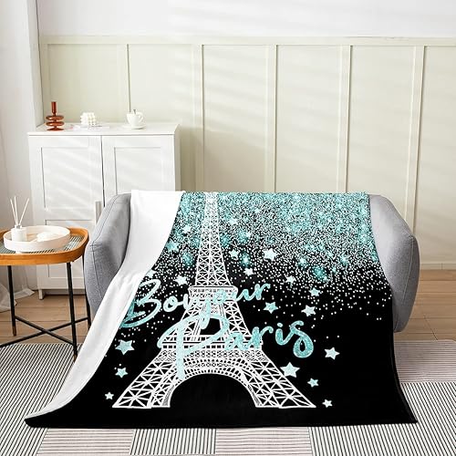 Miniatura 2 de Manta de felpa de la Torre Eiffel con estampado de purpurina (sin purpurina), color verde azulado para todas las estaciones, manta de cama para