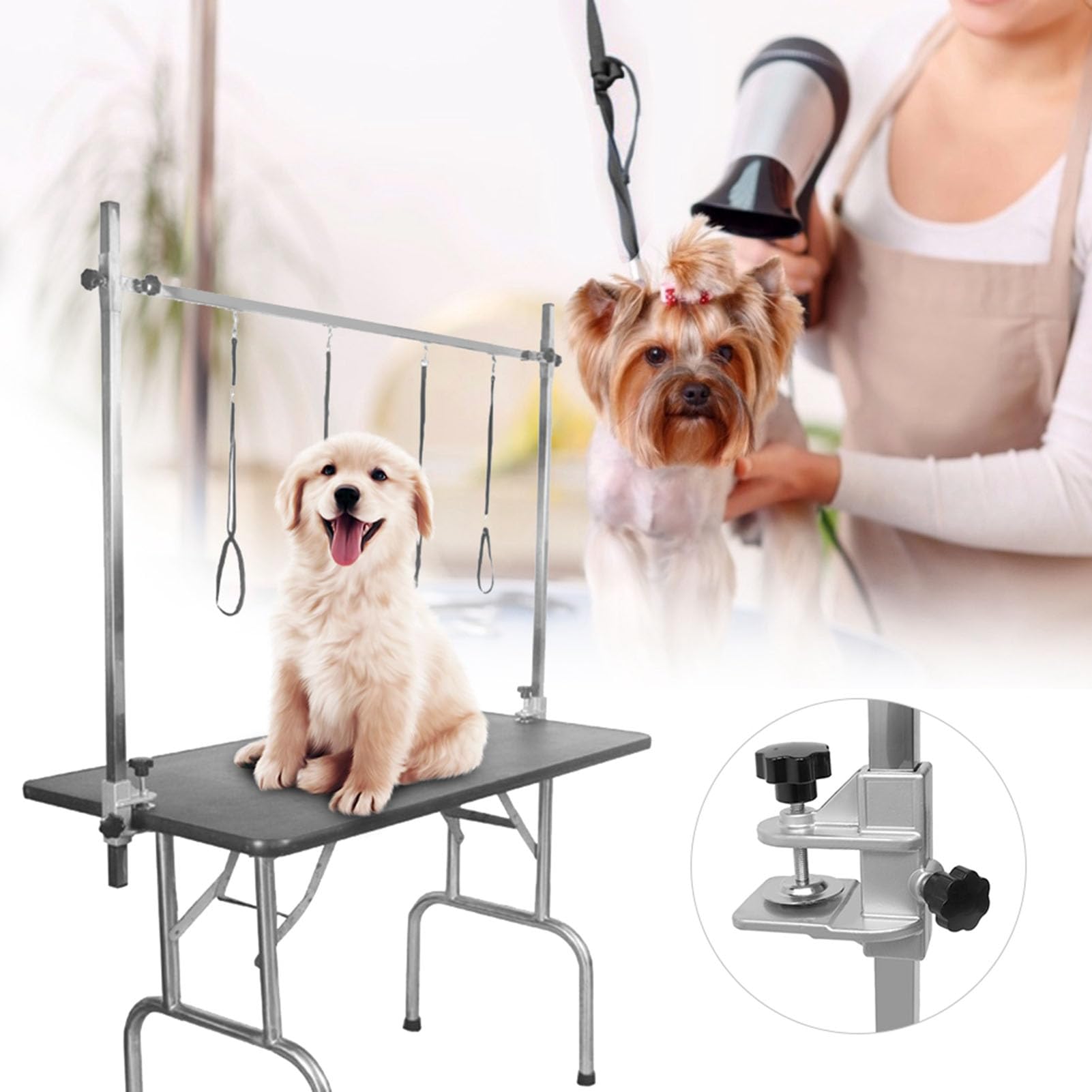 Acier inoxydable pliable table de toilettage pour animaux de compagnie beauté bureau réglable hauteur pince titulaire fournitures de toilettage pour animaux de compagnie pour chien chat(1.1M)