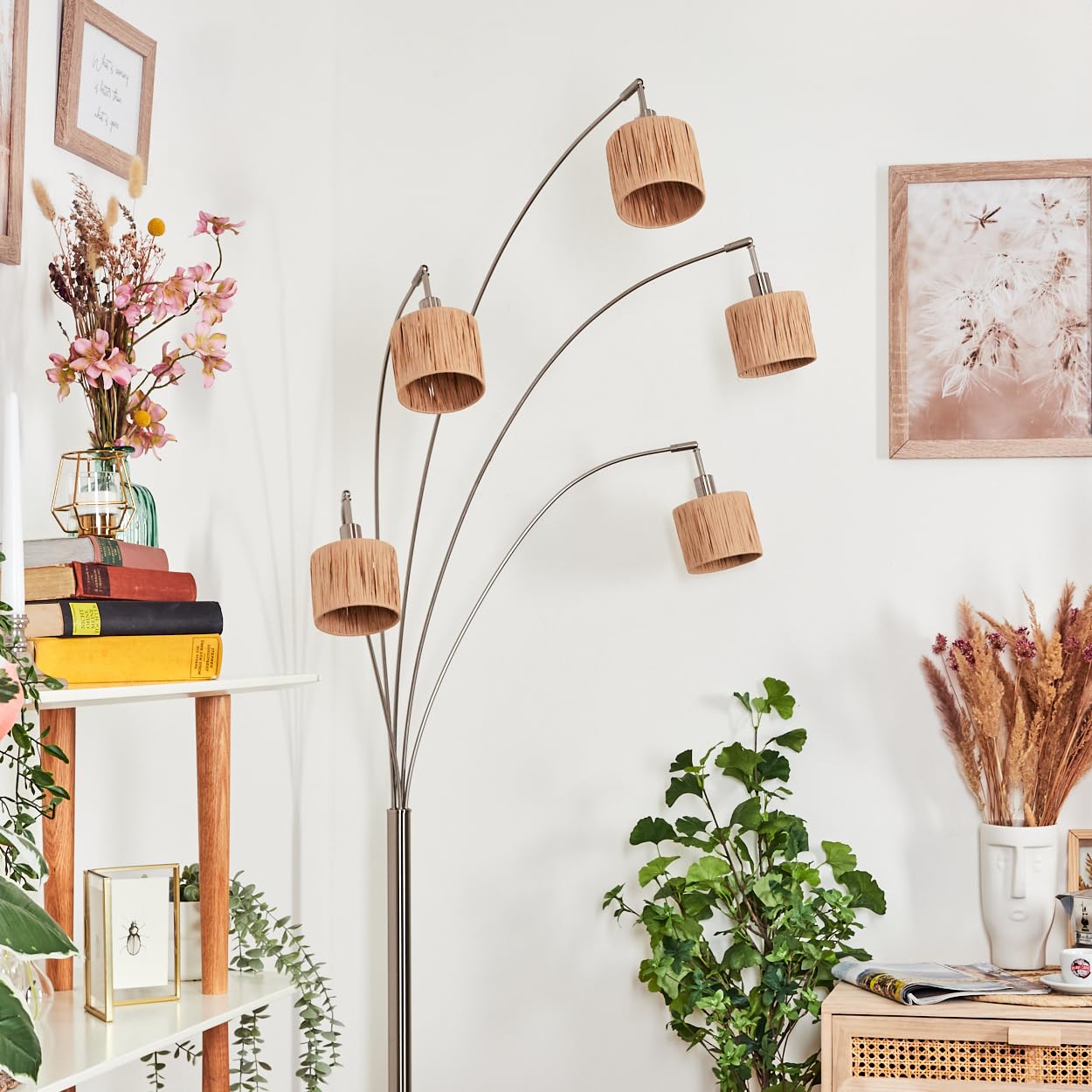 HOFSTEIN Stehleuchte Granja, moderne Stehlampe mit Marmorfuß aus Metall/Bast in Schwarz/Nickel-matt/Naturfarben, verstellbare Leuchte mit Fußschalter, E14, Wohnzimmer, Schlafzimmer, Flur