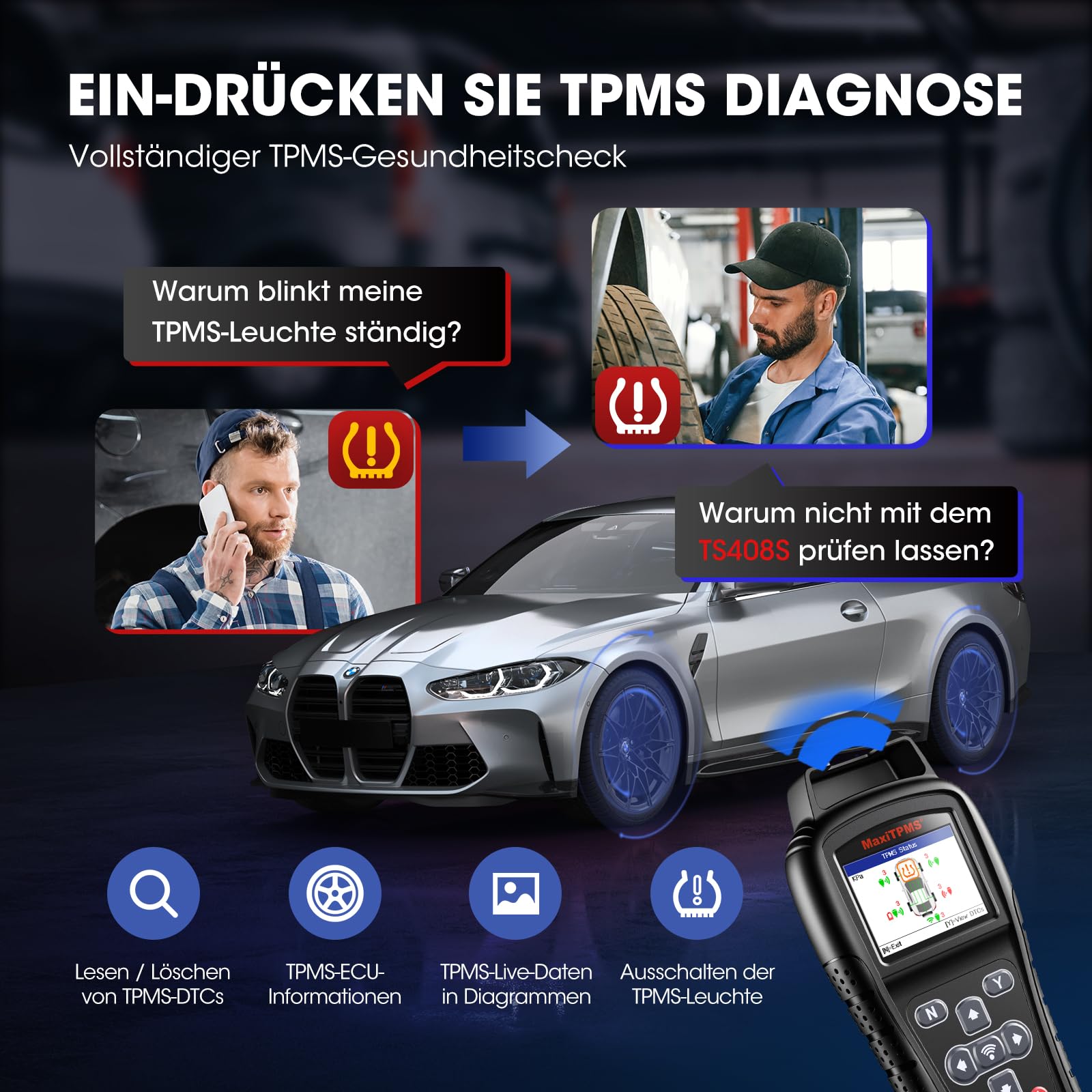 Autel MaxiTPMS TS408S RDKS Reifendruck-Kontrollsystem 2024 Reifendrucksensoren, TPMS Lernwerkzeug, Sensoraktivierung, TPMS Reset/Diagnose, Lesen/Löschen DTCs, Upgraded von TS408/401, Arbeit als TS501