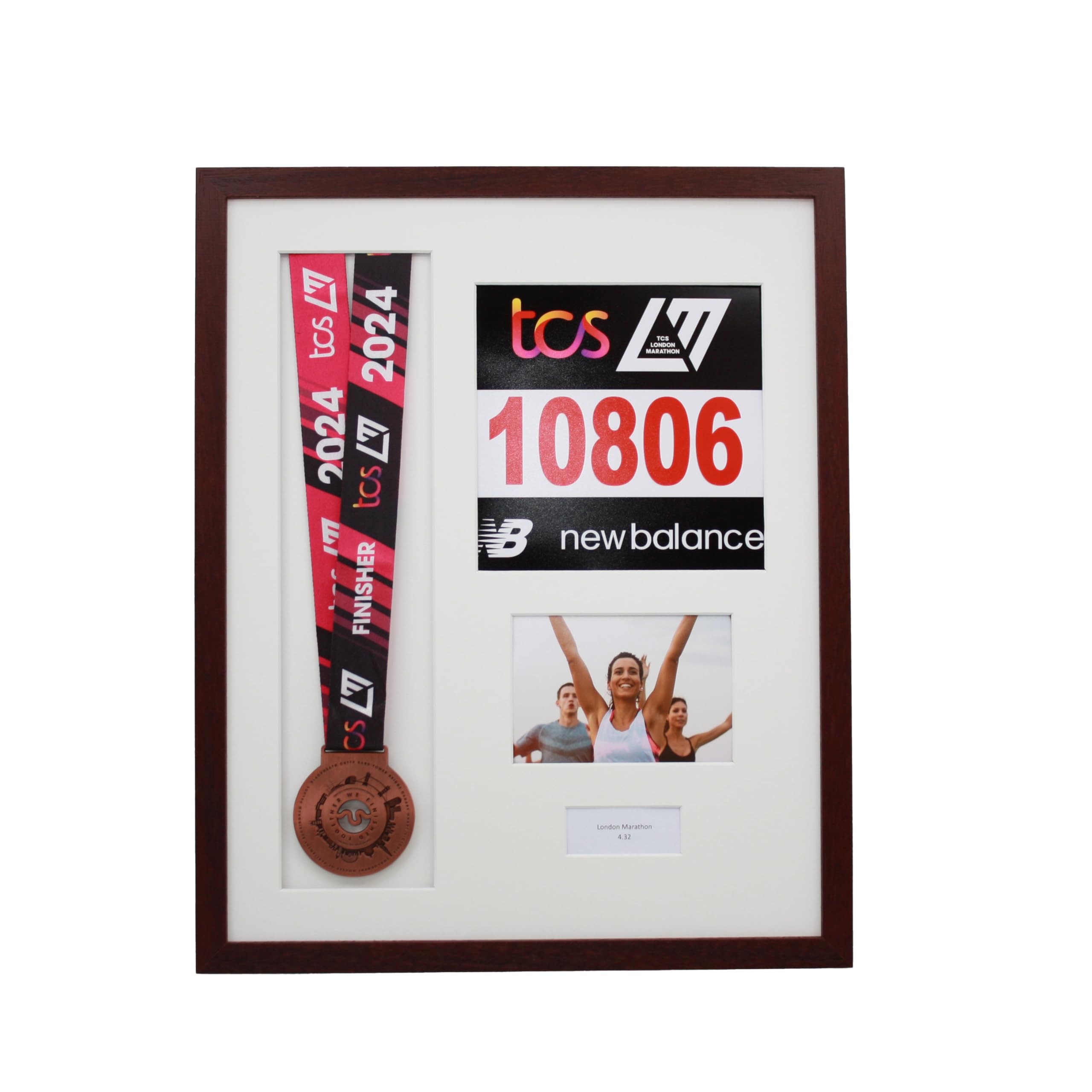 Photoframesandmore Walnut Frame Personalised Medal Display Frame With Apertures For Medal, Race Bib, 6X4 Landscape Photo And Text. London Marathon 2025 | 2024 | Marathon Medal | (Walnut Frame)