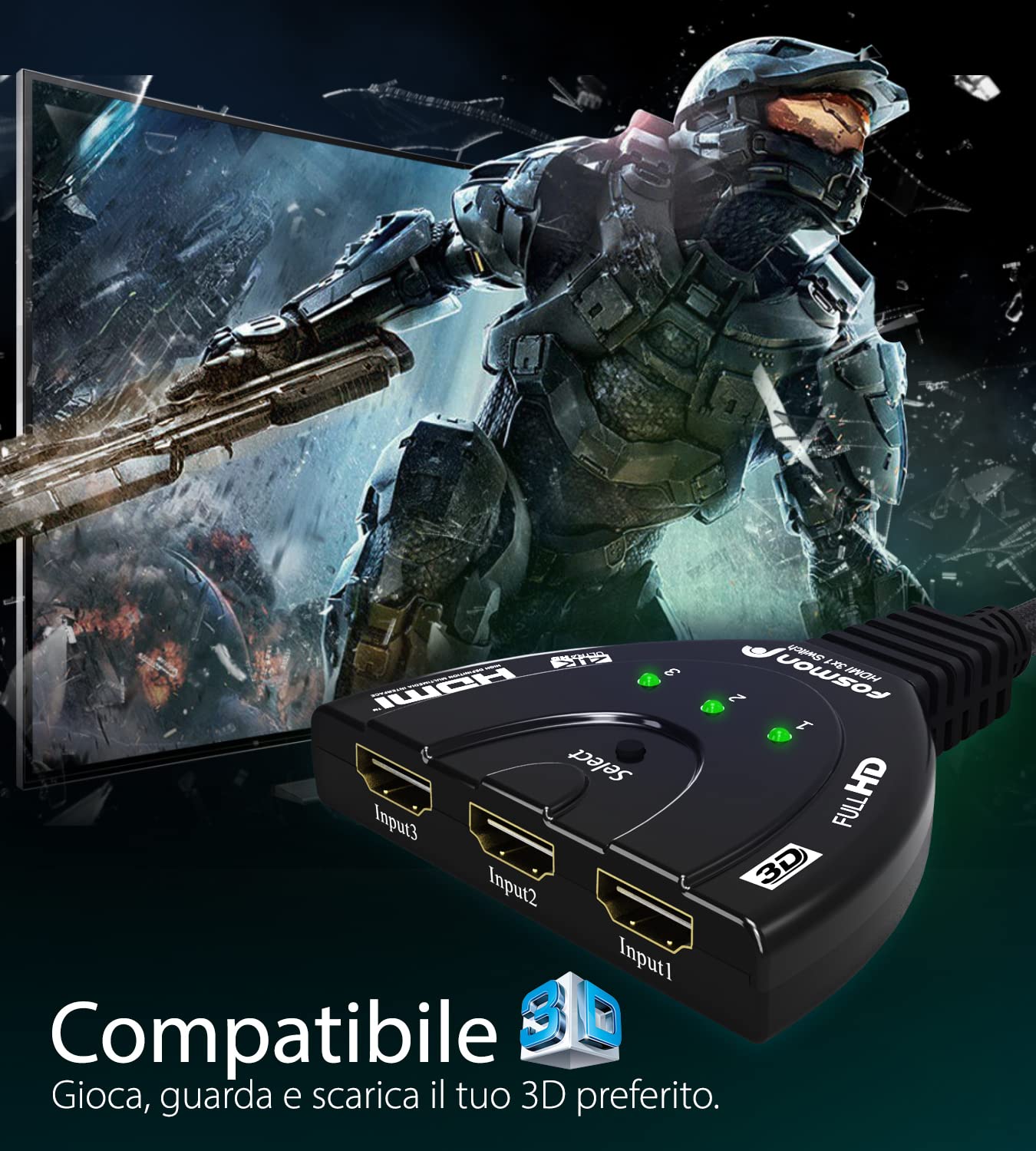 Fosmon Commutateur HDMI Automatiques 4k, 3 Entrées 1 Sortie HDMI Switch - UHD HDR 3D 1080p HDCP, Splitter Switcher Répartiteur Sélecteur Auto pour HDTV Lecteurs DVD Blu ray PS4 Xbox Apple Fire Roku