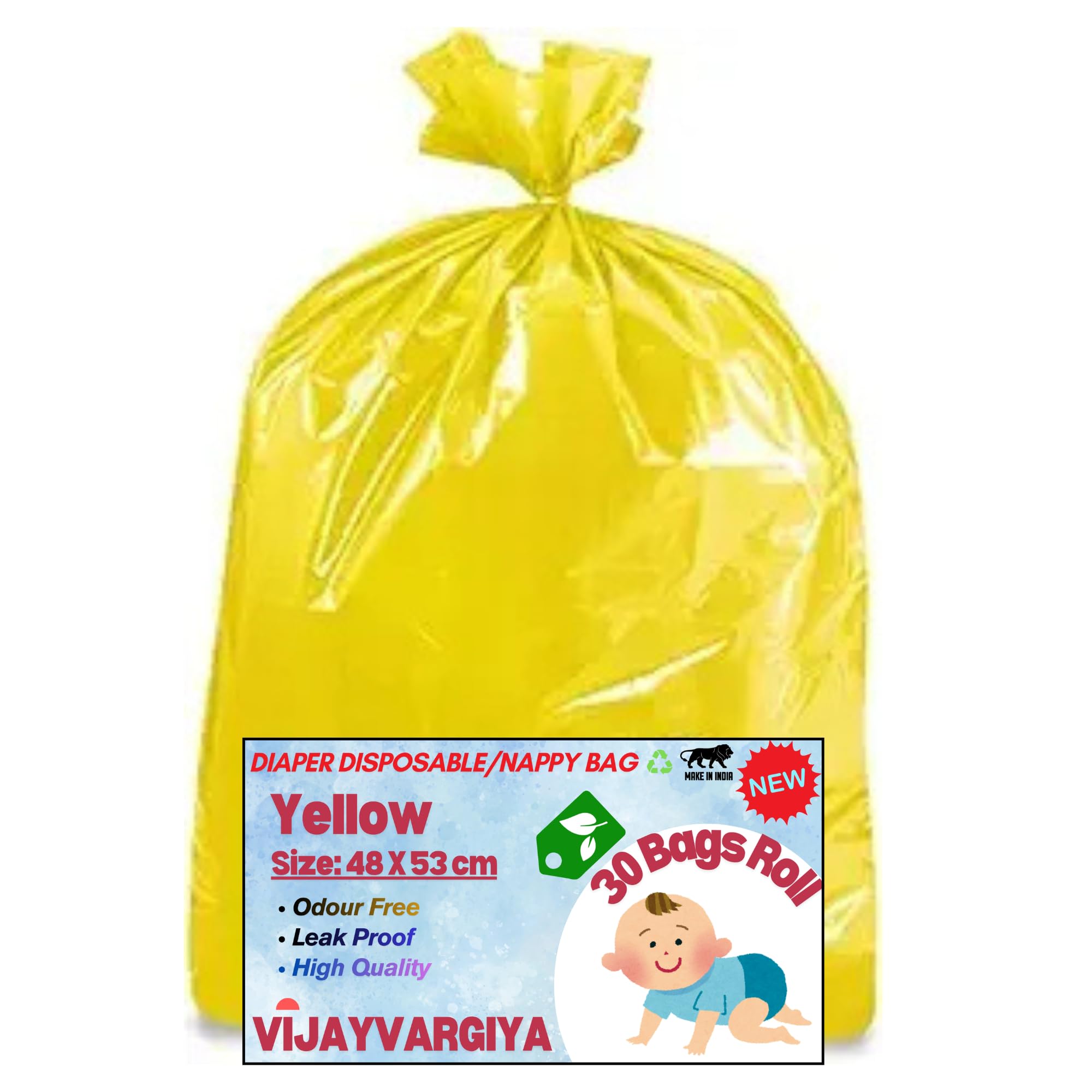 Baby Diaper Disposable Nappy Bags (48.2 cm x 53.3 cm) - 1 Roll (30 Count) - Yellow Color, Leak-Proof & Odor Control (Yellow, Pack of 6-180 Pcs)-image-25