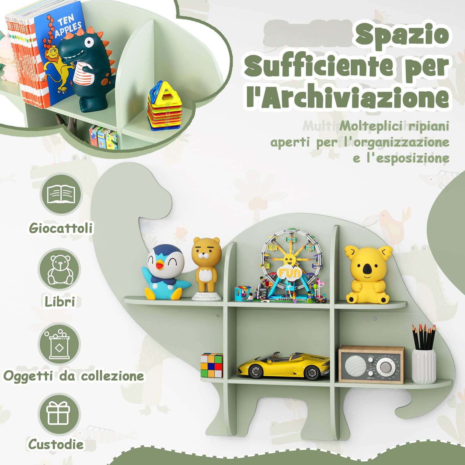 COSTWAY Libreria da Parete per Bambini a Forma di Dinosauro, Mensola a 2 Ripiani in Legno da Appendere, Scaffale da Parete per Camera dei Bambini Camera da Gioco Asilo, 105,5x16x78,5 cm