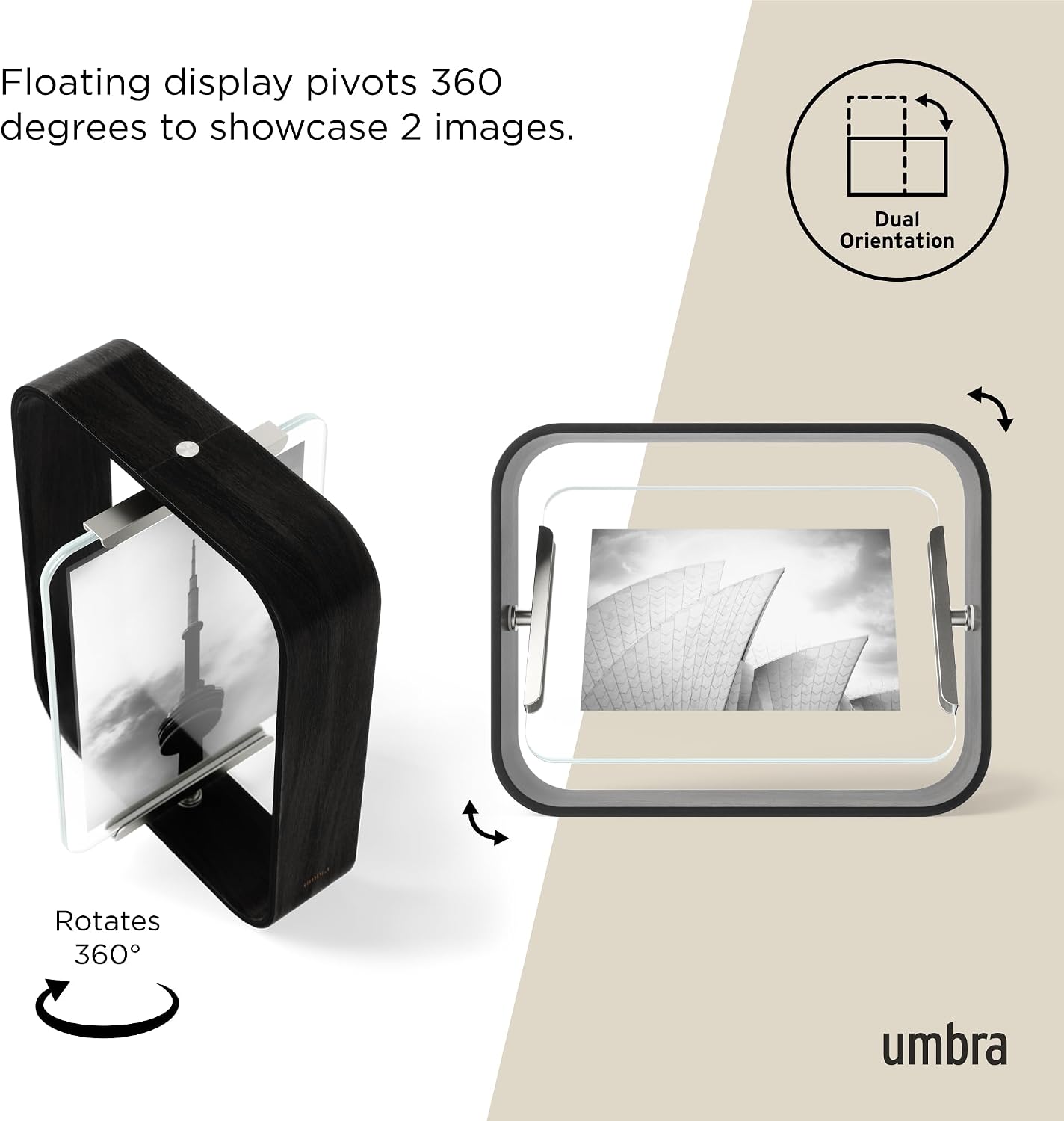 Umbra Bellwood Desk Picture Frame, Rotating Double Sided, 5x7, Black | Beech wood, 360 degree pivot, two photo display, portrait or landscape, wipe clean