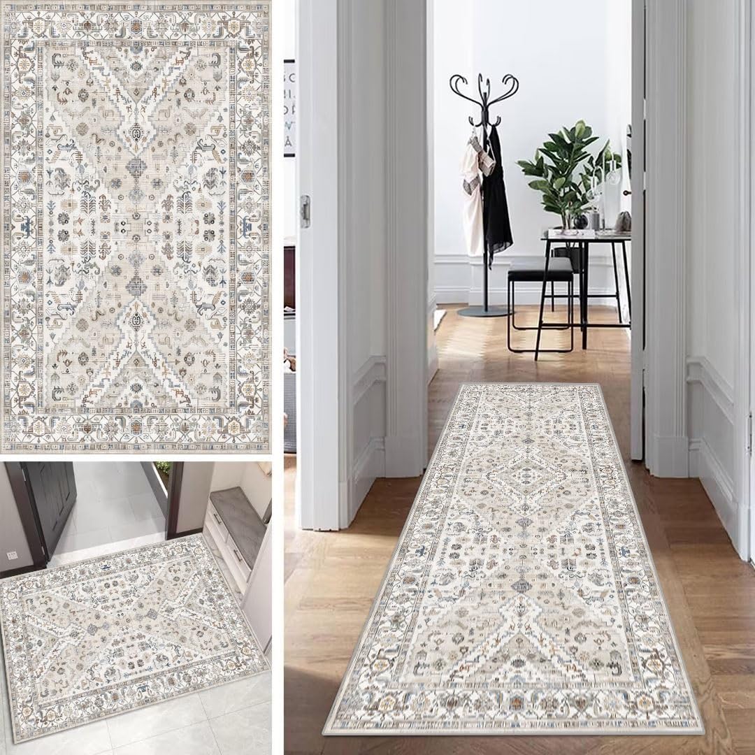 Tapis de couloir bohème 70x280 cm lavable et antidérapant en polyester