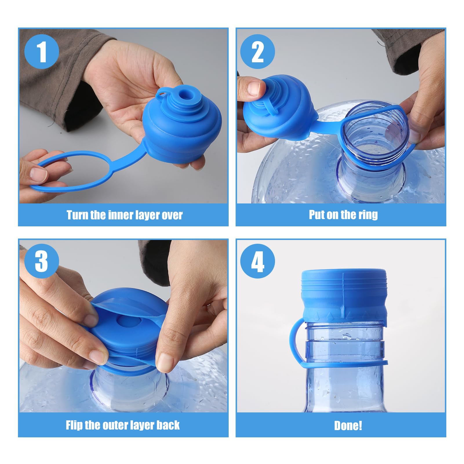 Tapas para jarra de agua de 5 galones, 4 unidades, tapa de repuesto reutilizable de silicona de grado alimenticio, apto para dispensadores de agua estándar/tornillo/corona de 55 mm, tapa a prueba de