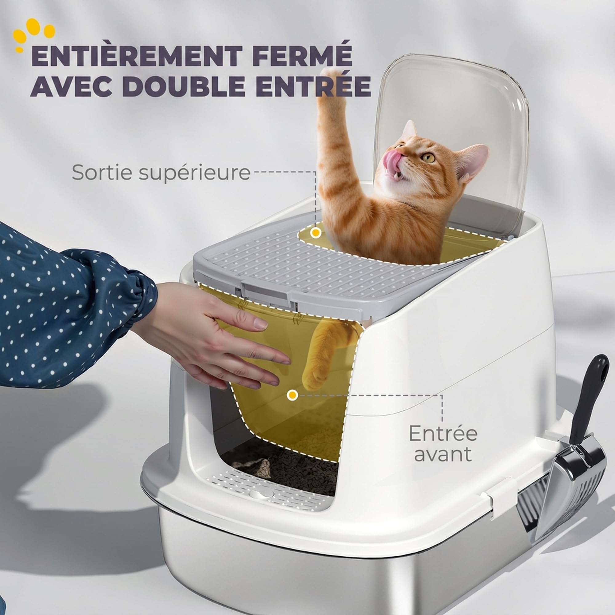 PawHut Bac à Litière Fermé en INOX pour Chat Pelle 52,4x41,3x39,8cm Blanc | Maison de Toilette pour Chat, Couvercle Amovible, Entrée Frontale et Sortie Supérieure, Sachet Désodorisant