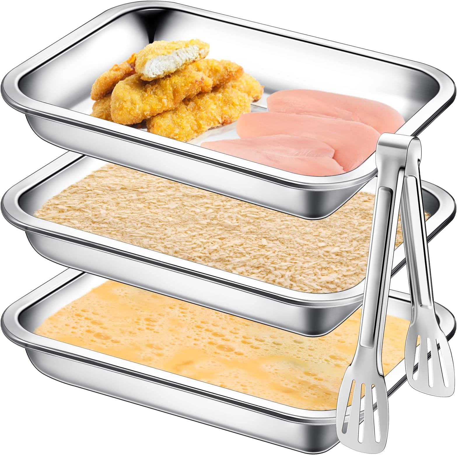 Mumufy Breading Trays Set of 3 Large Stainless Steel Breading Pans with Tong for Dredging Chicken Breasts and Marinating Meat, Food Prep Trays for Breadcrum Dishes (10.63 x 7.87 x 1.9 Inches)