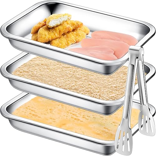 Mumufy Juego de 3 bandejas de pan grandes de acero inoxidable con pinzas para dragar pechugas de pollo y marinar carne, bandejas de preparación de