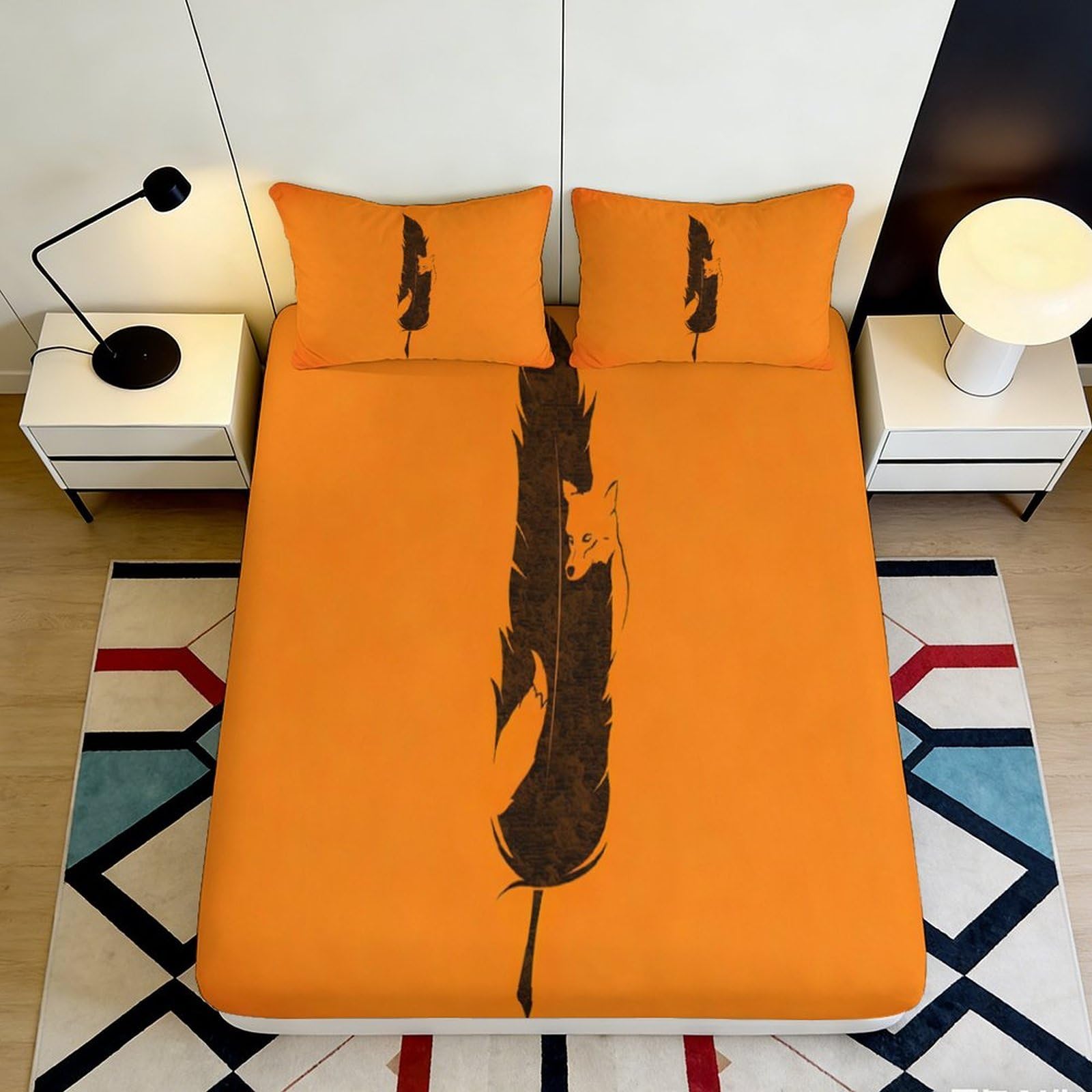 3D Printed Orange Abstract Art Fitted Sheet Microfiber Durable Black Brushstroke Mattress Cover for Bedroom Dorm Decor 90x200x25cm