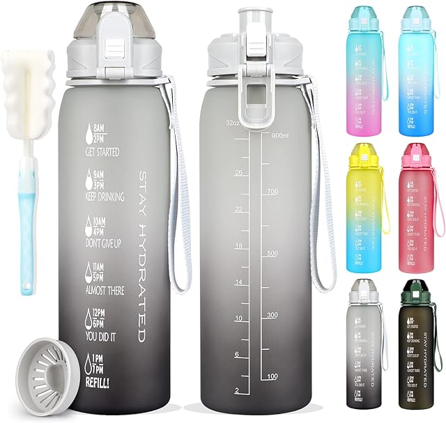 AOHAN Water Bottle 1l, Sports Water Bottle with Time Markings, BPA Free Drinks Bottle, Leakproof Motivational Water Bottle with Filter and Brush Perfect for Gym,Running,School,Cycling