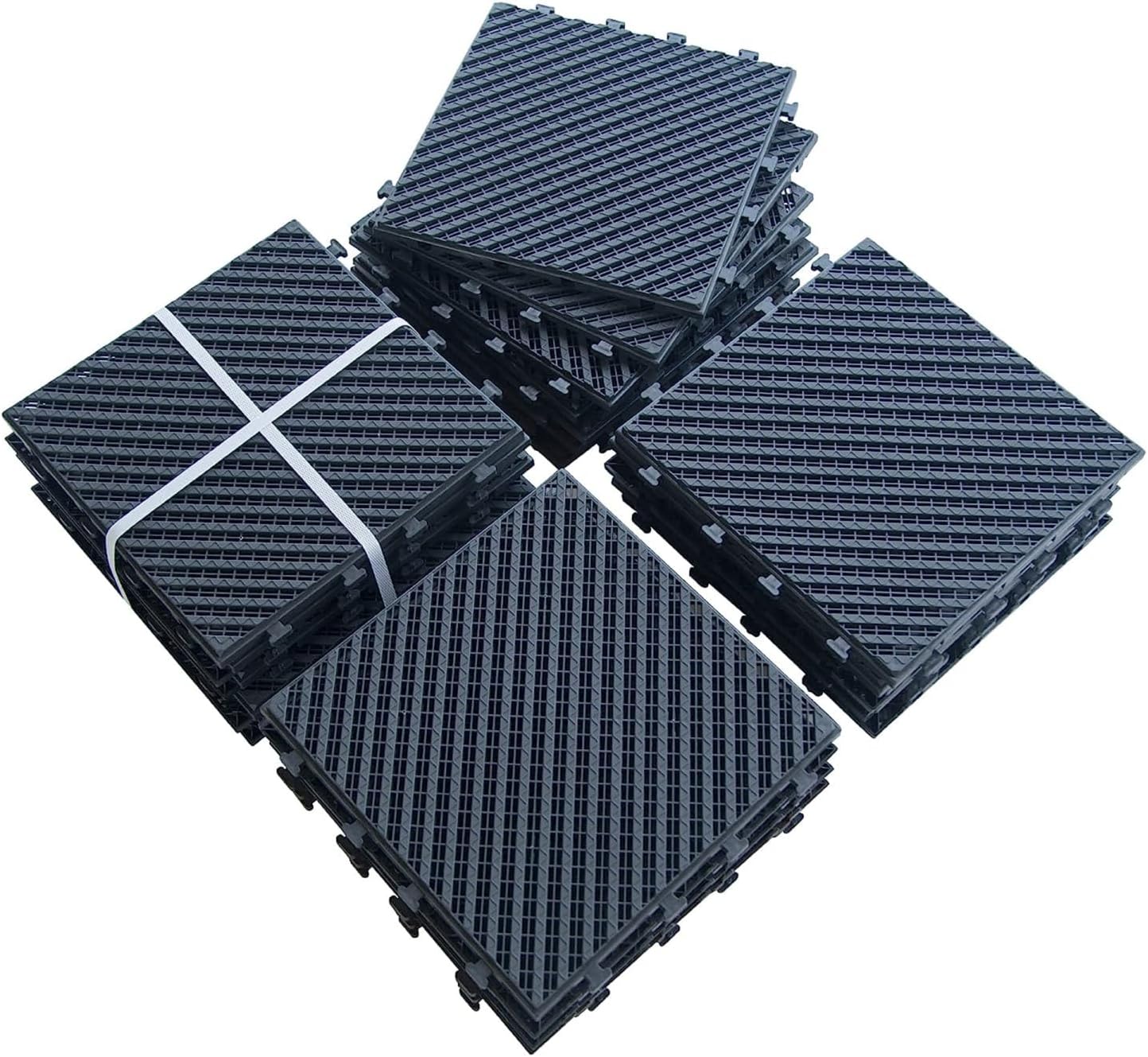 Patio Interlocking Deck Tiles, 12"x12" Square Composite Decking Tiles, Four Slat Plastic Outdoor Flooring Tile All Weather for Balcony Porch Backyard, (Dark Gray, Pack of 27)