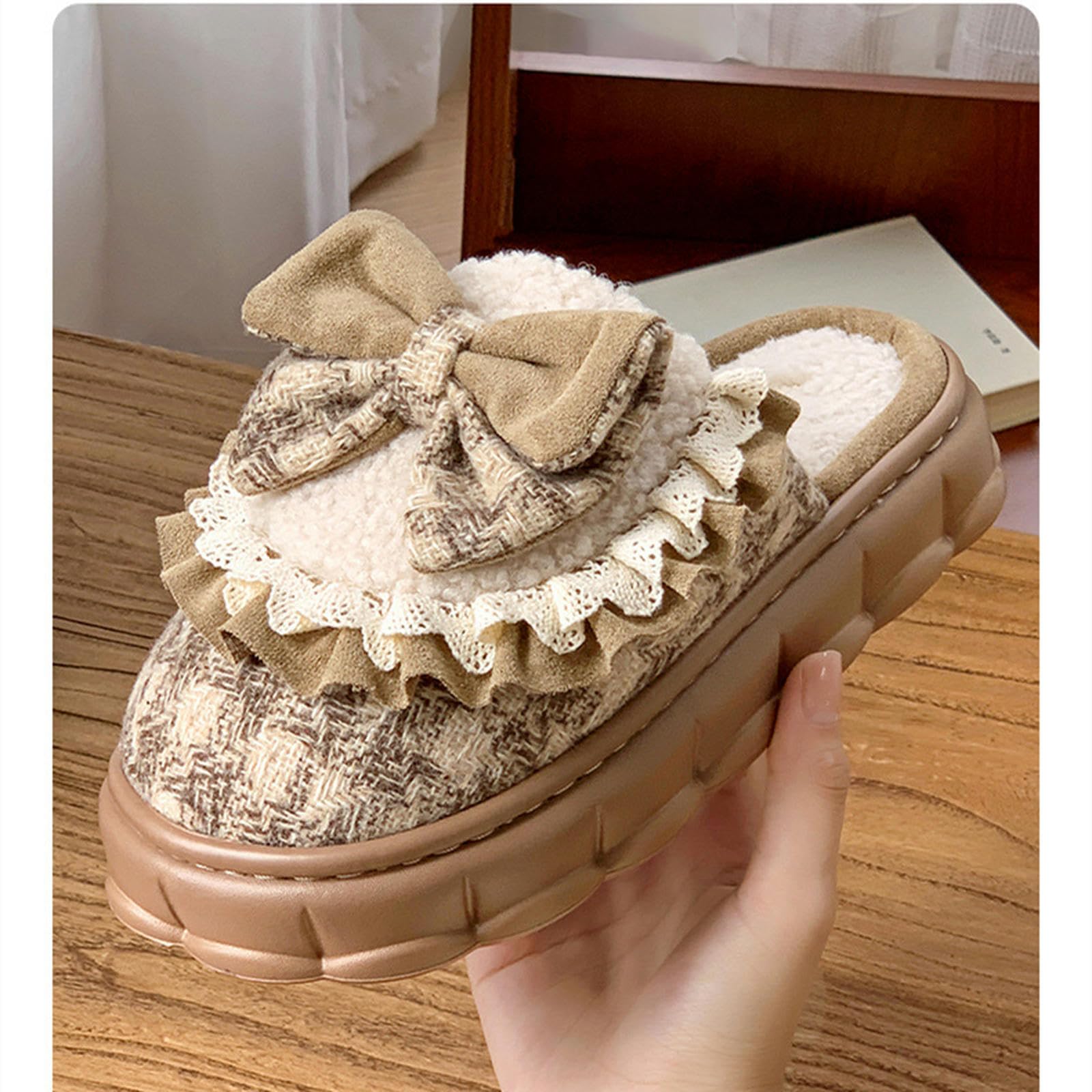 Pantofole Slifori di Cotone Bowknot per Donne Autunno E Inverno Interno E Usura Esterna più Velluto Caldo Non Slip-Verde Scuro-36 37