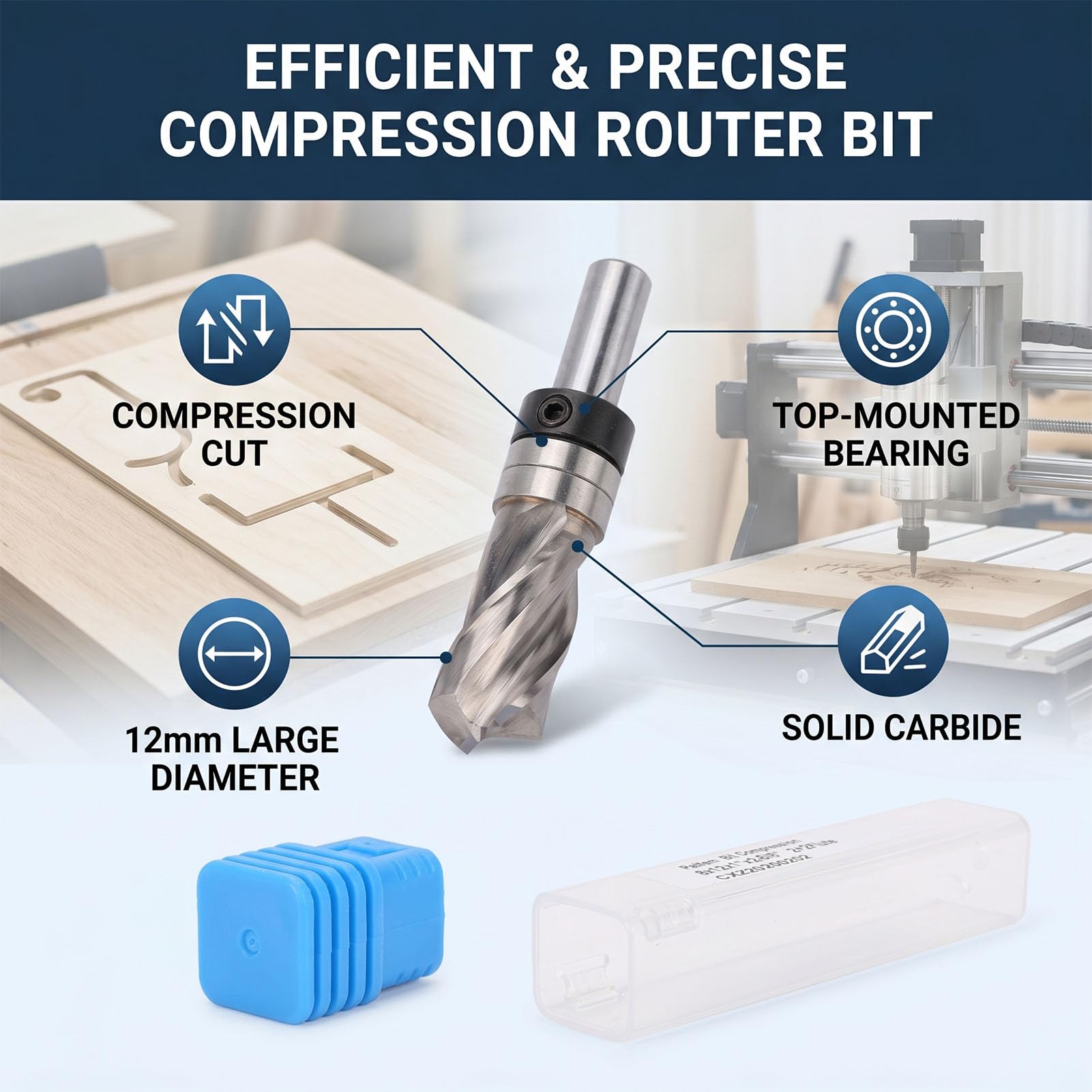 ASHATA Broca Rebajadora de Acabado en Espiral de Alta Resistencia, Vástago de 8mm con Rodamiento Superior para Aplicaciones CNC de Carpintería Profesional, Diámetro de 12mm