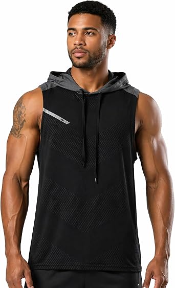 Mens Workout Hooded Tank Top Quick-Dry Mesh Gym Sleeveless Muscle Shirt with Reflective Strip