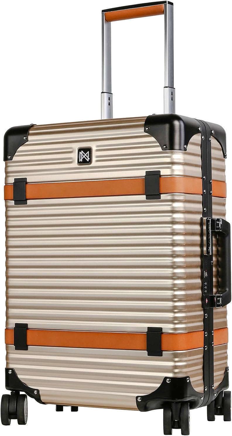 LANZZO Aluminum Luggage Magnesium Alloy with Spinner Wheels TSA Lock Approved Hardshell Travel Suitcase Inlaid Leather Belt