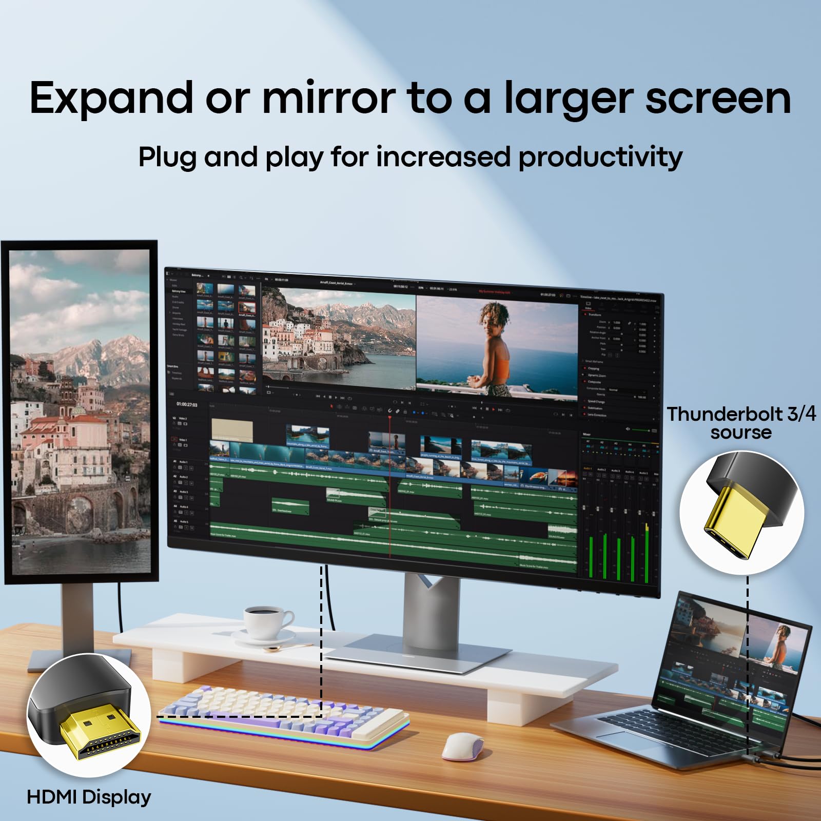 Câble USB-C vers HDMI 2.1 8K @ 60 Hz, 4K @ 240 Hz/144 Hz/120 Hz, HDCP2.3, câble tressé de type C 3.1 vers HDMI 2.1, Thunderbolt 3/4/5, compatible avec iPhone 16/15, MacBook Pro/Air, Galaxy S24, Dell