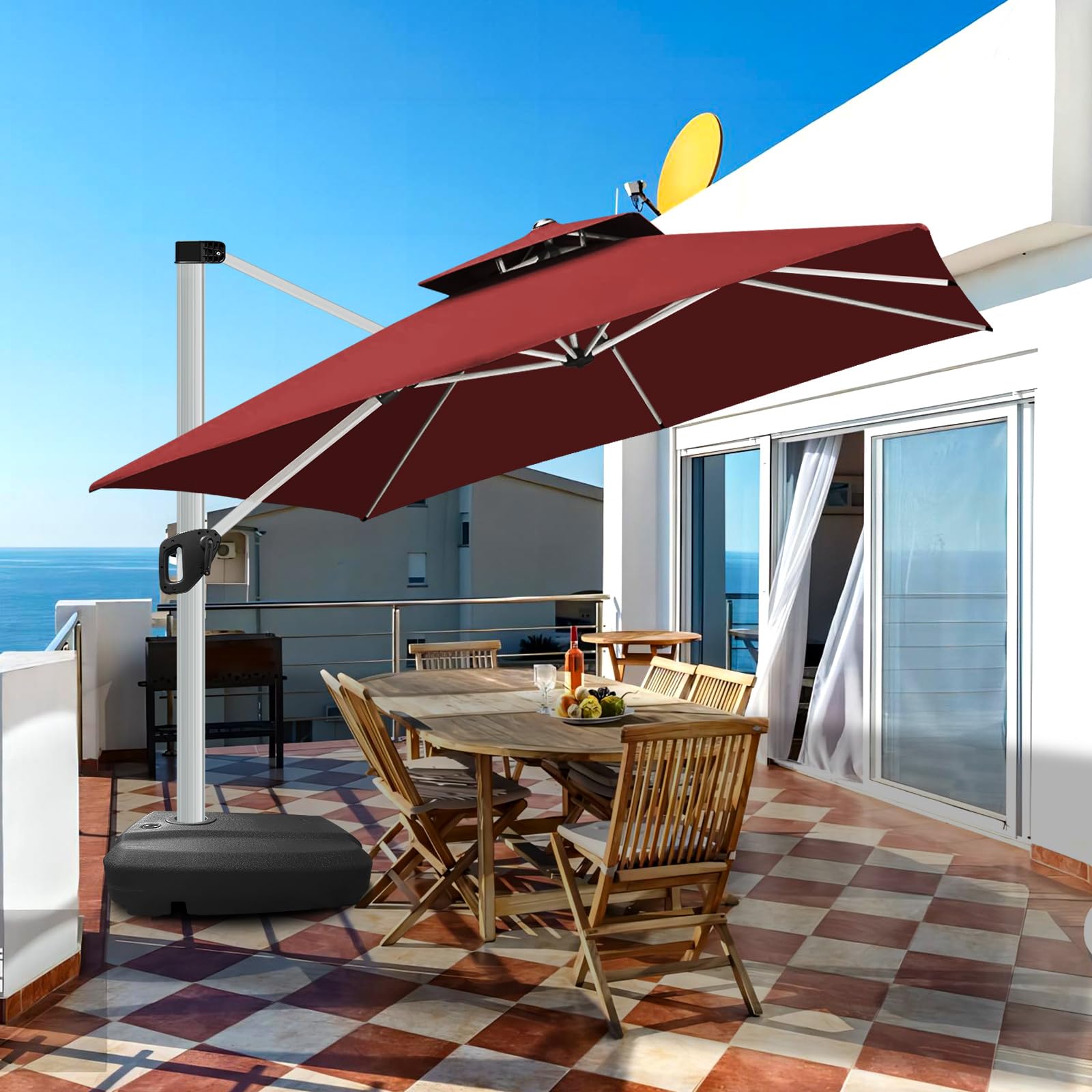 Patio Umbrella with LED Light, 9FT Square Cantilever Outdoor Umbrella with Base, Large Offset Umbrella Sun Shade-Heavy Duty 8 Ribs for Garden Pool Backyard - Wine Red
