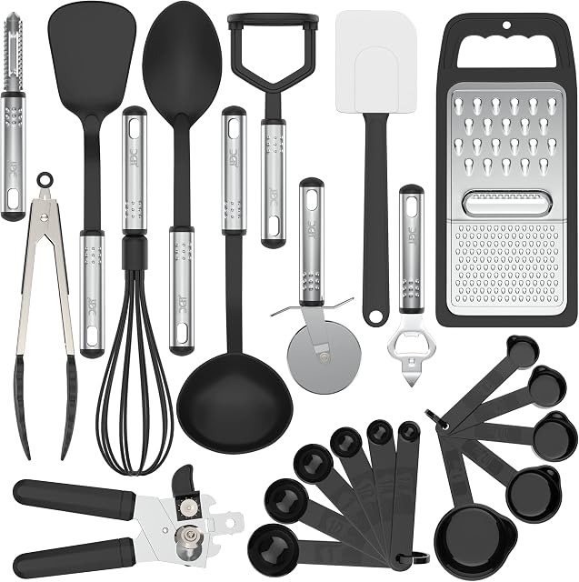 Lux Decor Collection Utensils Set - 23 Pieces Nylon and Stainless Steel Black Kitchen Utensils - Non-Stick and Heat Resistant Cooking Utensils Set - Useful Kitchen Gadgets Cookware Set