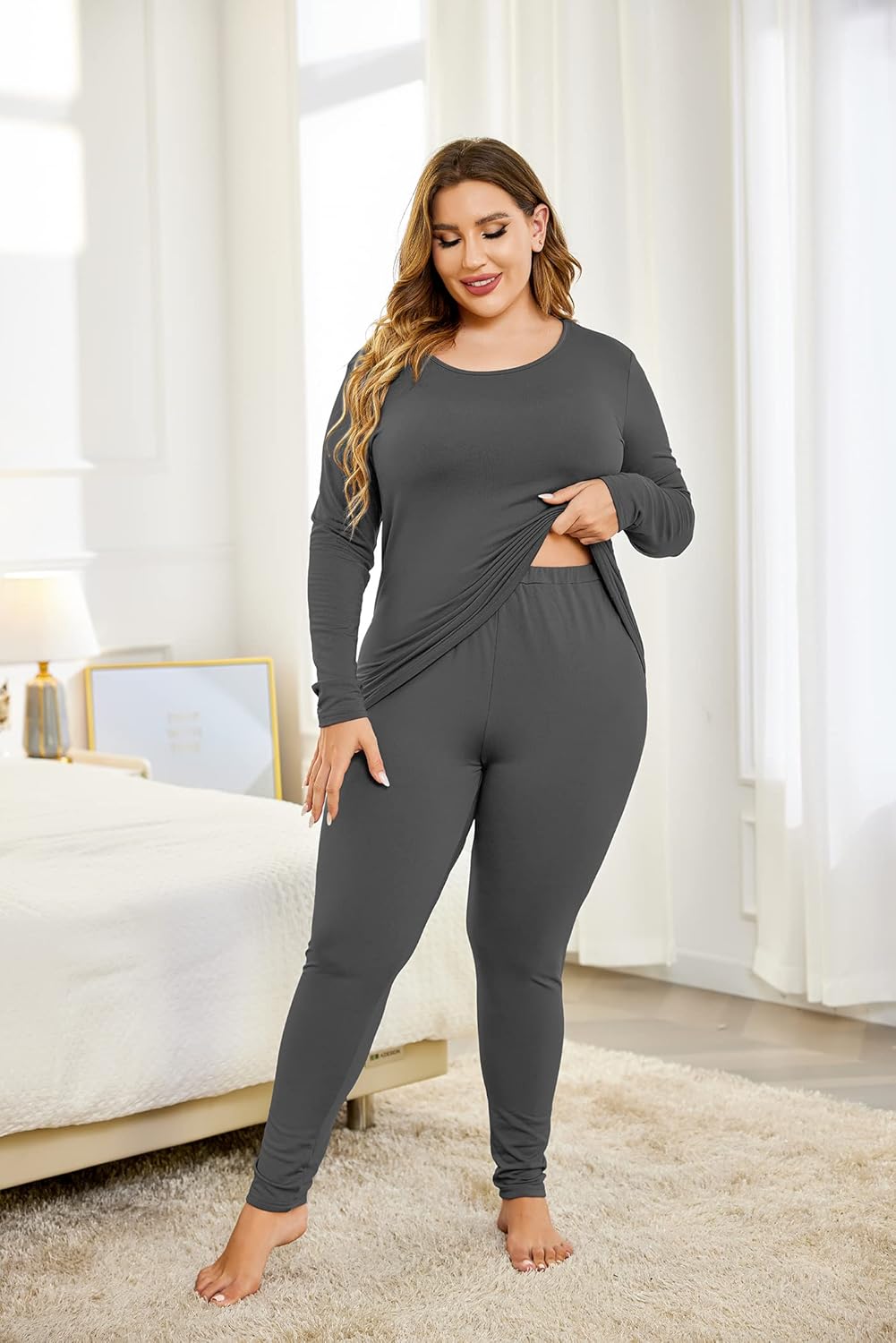 IN'VOLAND Women’s Plus Size Thermal Long Johns Sets Fleece Lined 2 Pcs Underwear Top & Bottom Pajama Set - Image 4