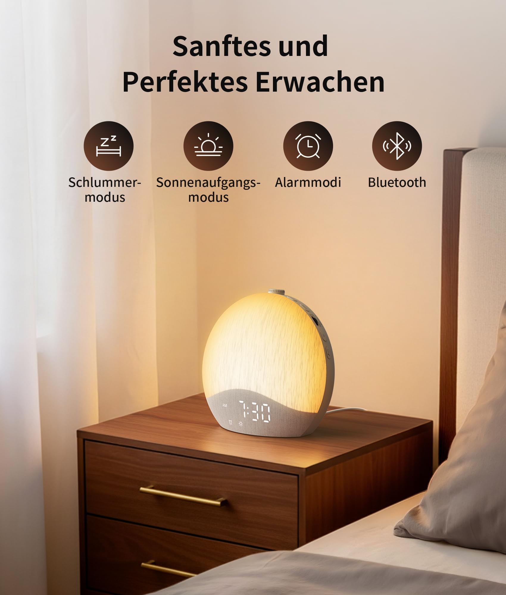 ecozy Tageslichtwecker, Bluetooth-Zeitsynchronisierung, Lichtwecker | 26 Schlafklänge, 17 Nachtlichter, Weißes Rauschen, Baumwoll-Leinen, Sonnenaufgang Wecker für Tiefschläfer/Kinder/Schlafzimmer