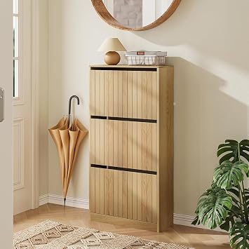 Shoe Storage Cabinet with Vertical Groove Doors 3 Flip Drawers, Narrow Shoe Cabinet Storage for Entryway, Shoe Organizer Cabinet, Slim Shoe Rack Cabinet Oak