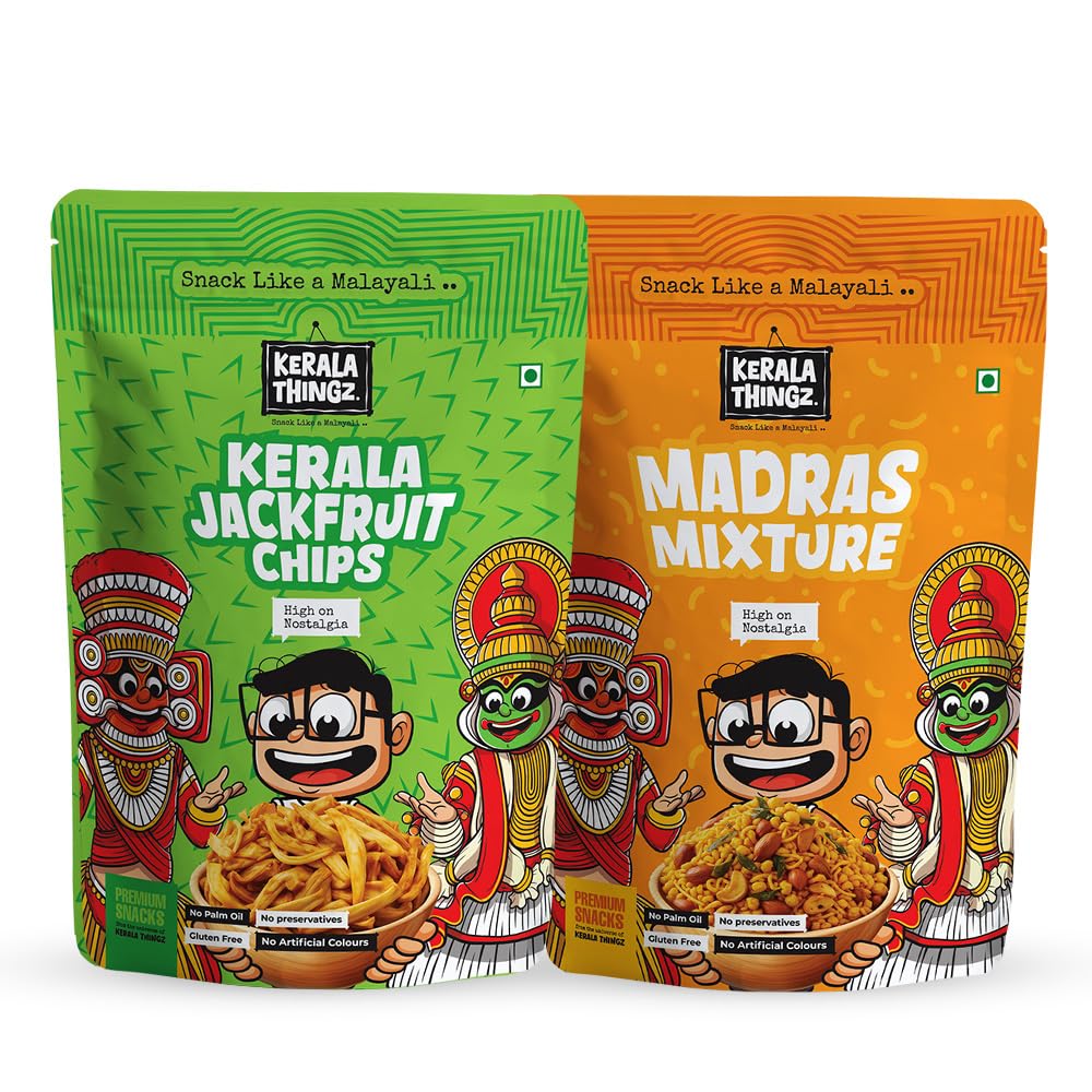 Kerala Thingz Jackfruit Chips & Madras Mixture Combo Pack 300g (150g + 150g) | Authentic Kerala Snacks | Crispy Jackfruit Chips & Spicy Mixture | Crunchy Indian Snacks | No Palm Oil, No Preservatives