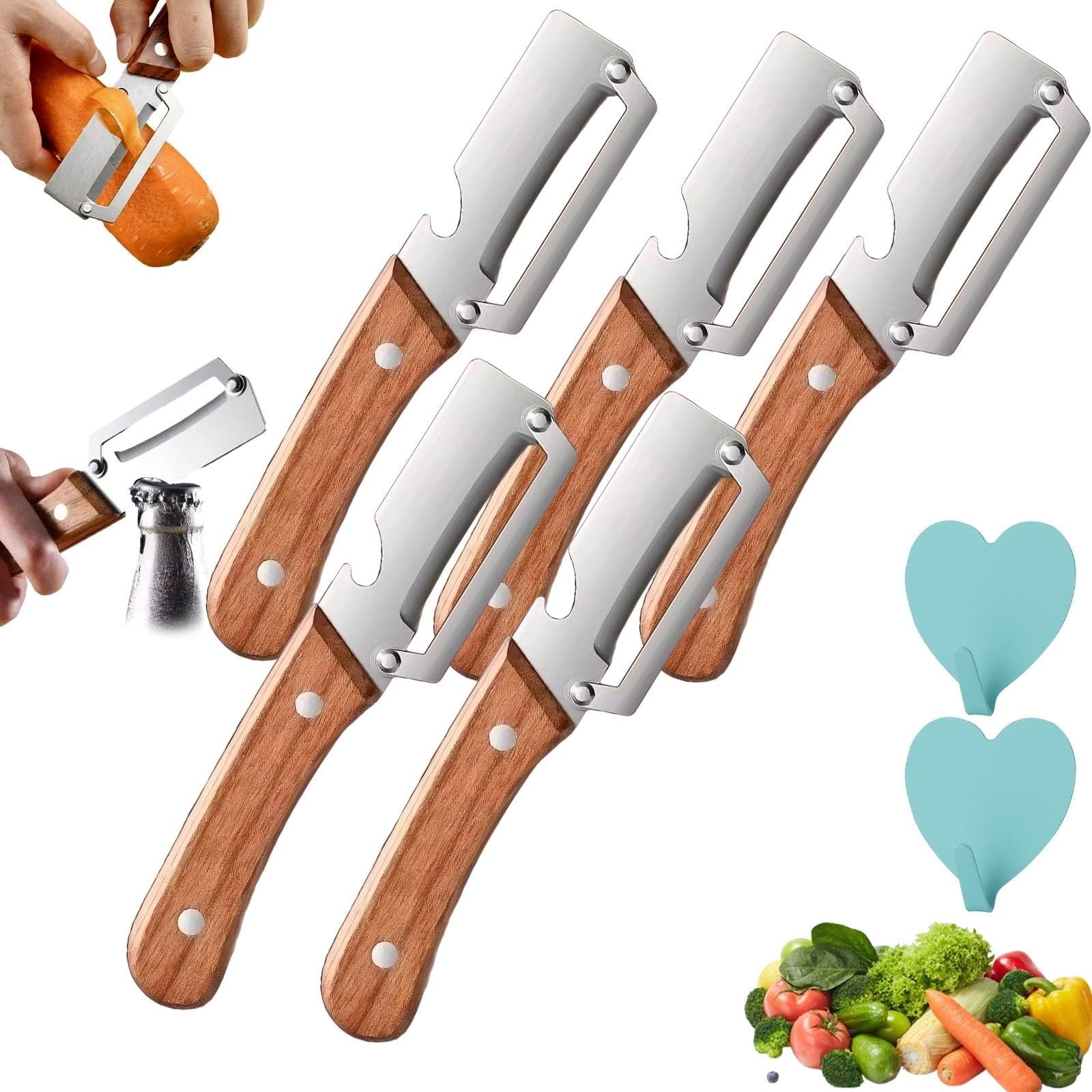 Schäler for die Küche, multifunktionaler Gemüseschäler mit scharfer Edelstahlklinge und Holzgriff, Julienne-Schäler for Kartoffeln, Kürbis, Karotten, Obst und Gemüse(5pc)