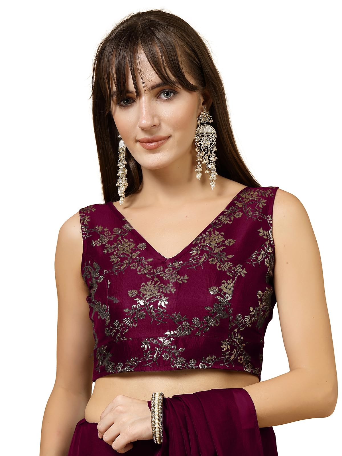 Oomph! Readymade Blouse For Women, Brocade, Sleeveless, V-Neck, Rbbl712