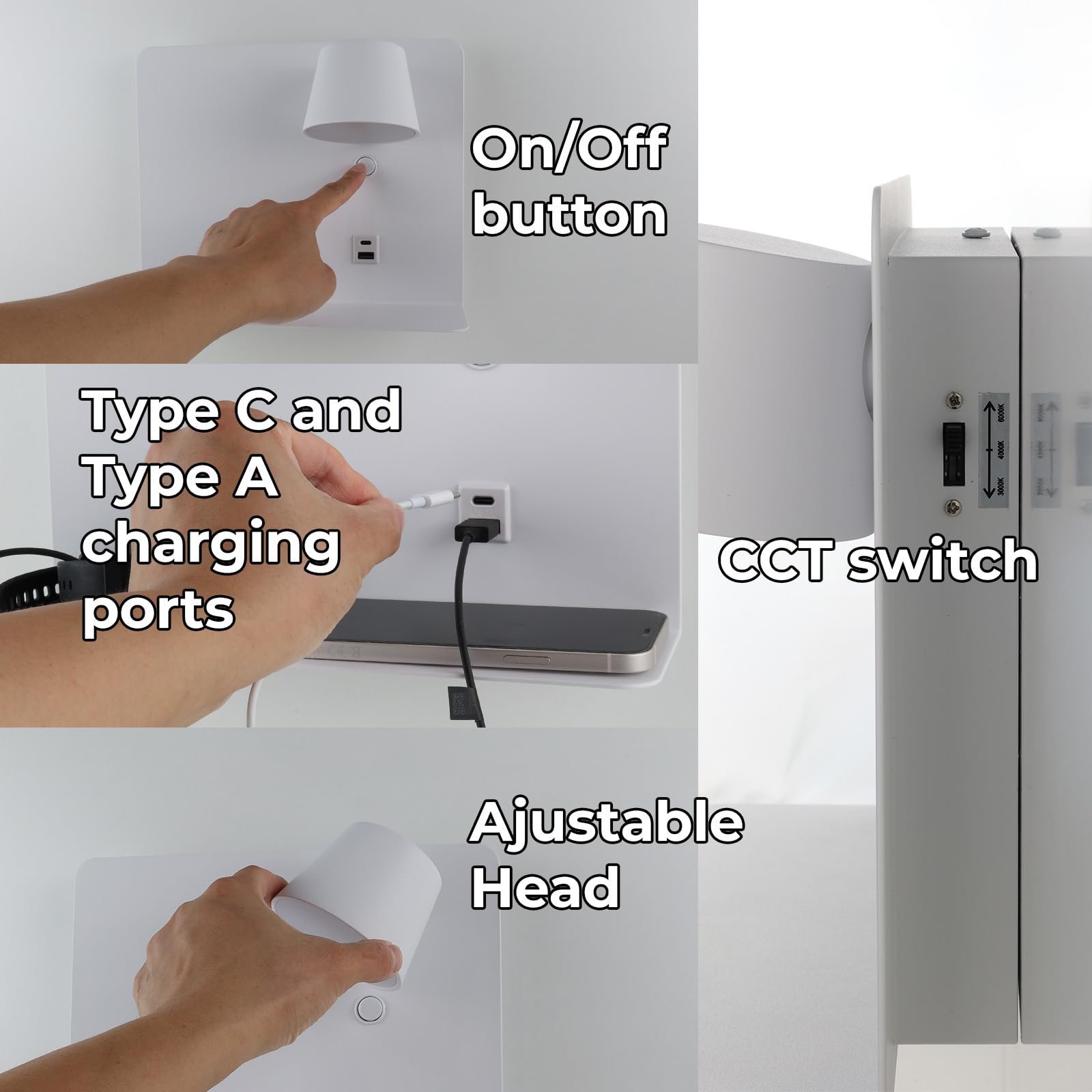 Alpinaluz Aplique de Pared LED Orientable 6W con CCT 3000K/4000K/6000K, Puertos de Carga USB y USB-C, Estructura de Acero Lacado y Foco de Aluminio (Blanco Derecho)
