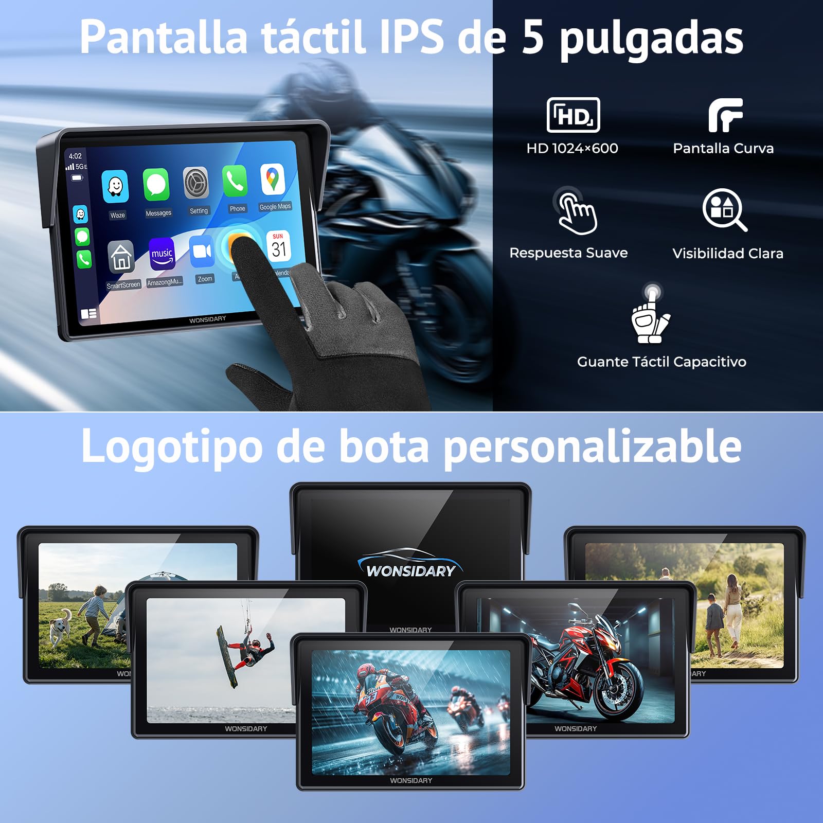 Pantalla CarPlay Moto Inalámbrica Compatible con Apple CarPlay & Android Auto,W522 Pantalla Táctil 5" IP67 Impermeable,Doble Bluetooth, Navegación GPS,Control por Voz,Ecualizador,Alimentación USB/Acc