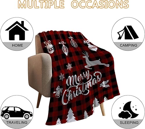Miniatura 5 de YeeJu Manta decorativa de Navidad, tamaño individual, manta de Navidad a cuadros rojos, para sofá, cama, suave, acogedora, ligera, mullida, de forro