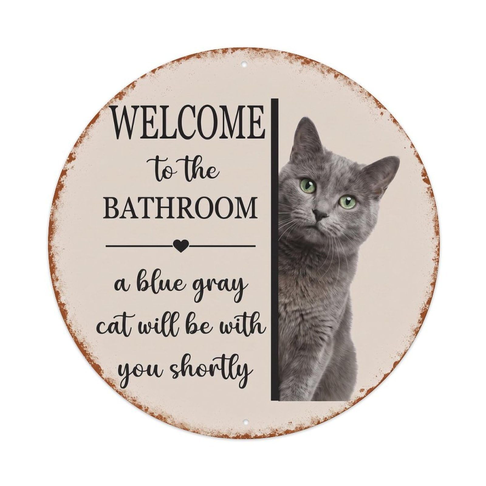 Vintage WELCOME To The BATHROOM Blue Gray Cat Metal Tin Sign