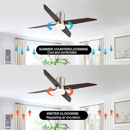 Miniatura 7 de Ventilador de techo de 52 pulgadas con luz y control remoto, ventilador de techo LED de perfil bajo de 4 aspas, motor reversible silencioso,