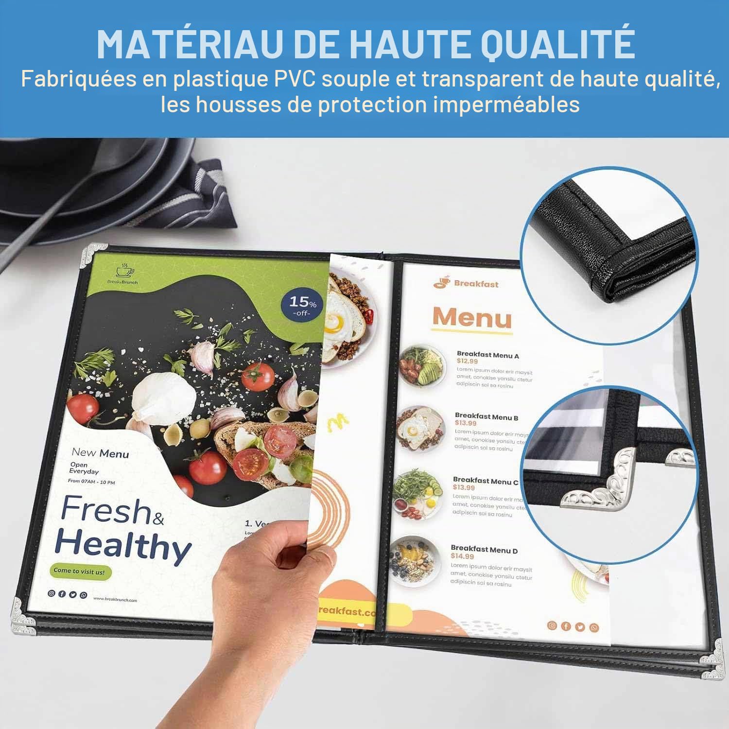 WenYa Lot de 20 couvertures de menu A4, 4 pages, 8 vues de style café, bordure noire, couverture transparente pour menu du vin avec protections d'angle en métal, compatible avec du papier format A4