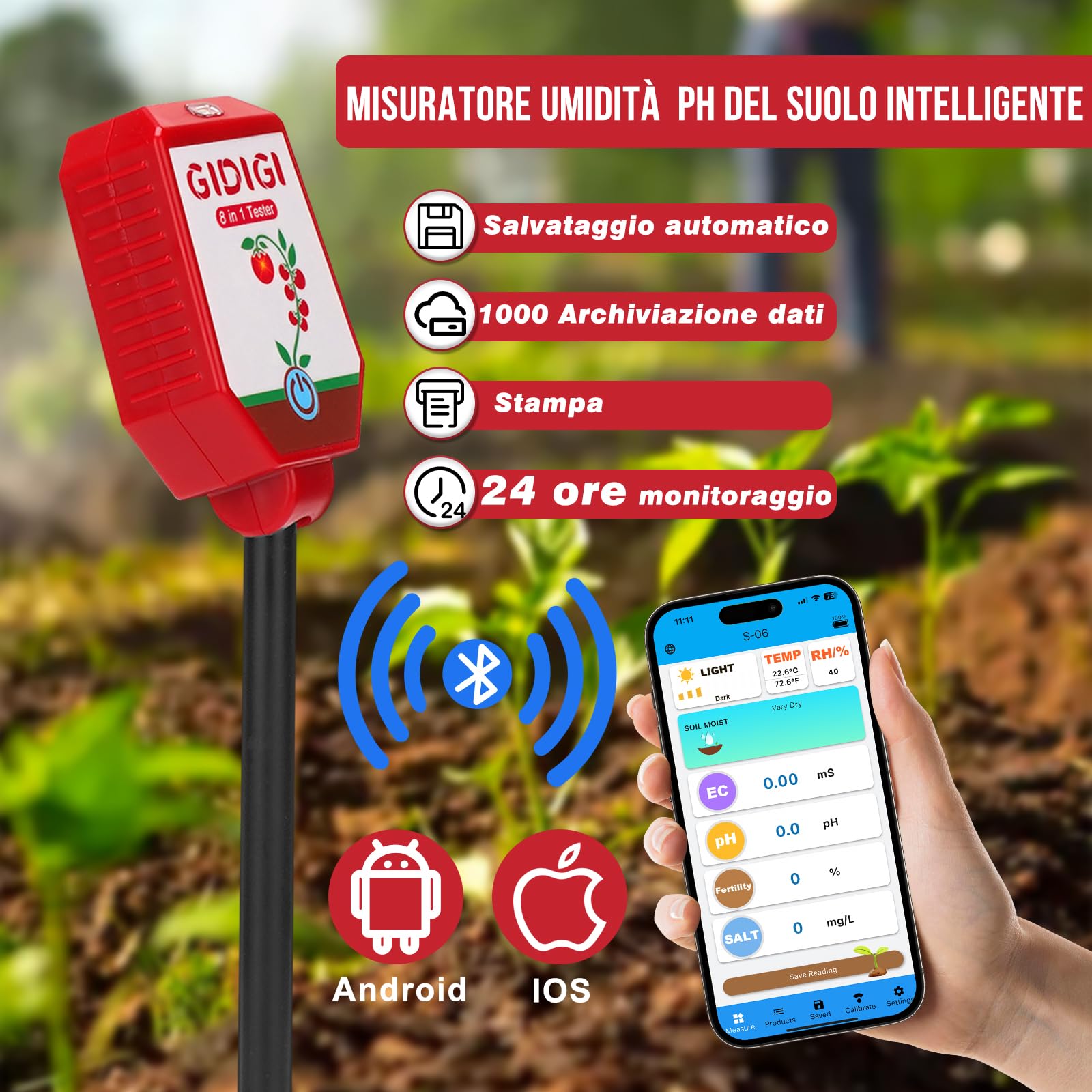 Tester pH umidità per terreno,kit digitale 8 in 1 per il test del terra, monitoraggio pH suolo,intensità della luce solare,fertilità,EC, salinità,temp e umidità per giardino,prato,agricoltura,cortile